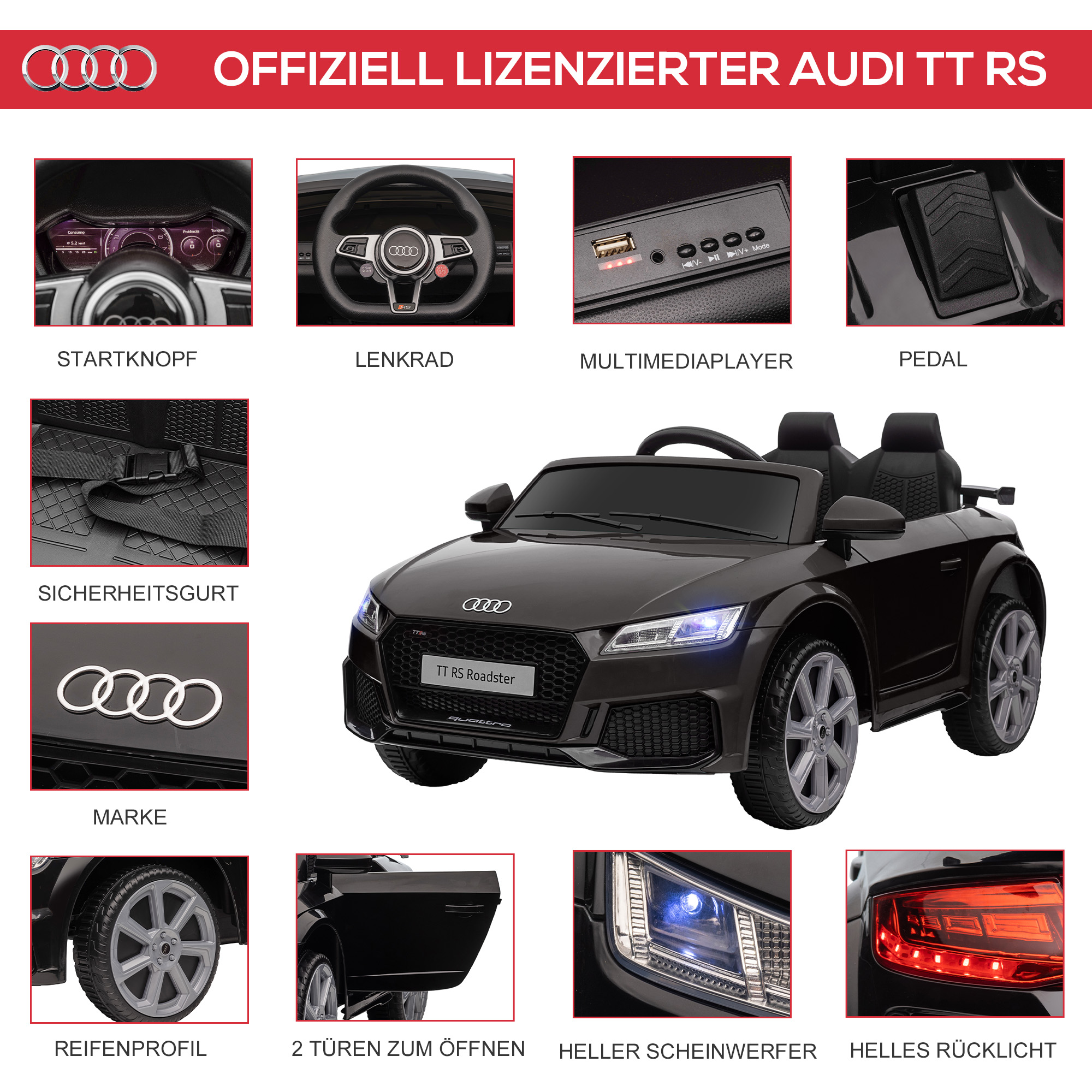 Kinder-Elektrische Auto, Audi TT RS Roadster, 3 km/u, Afstandsbediening, LED, USB, Zwart
