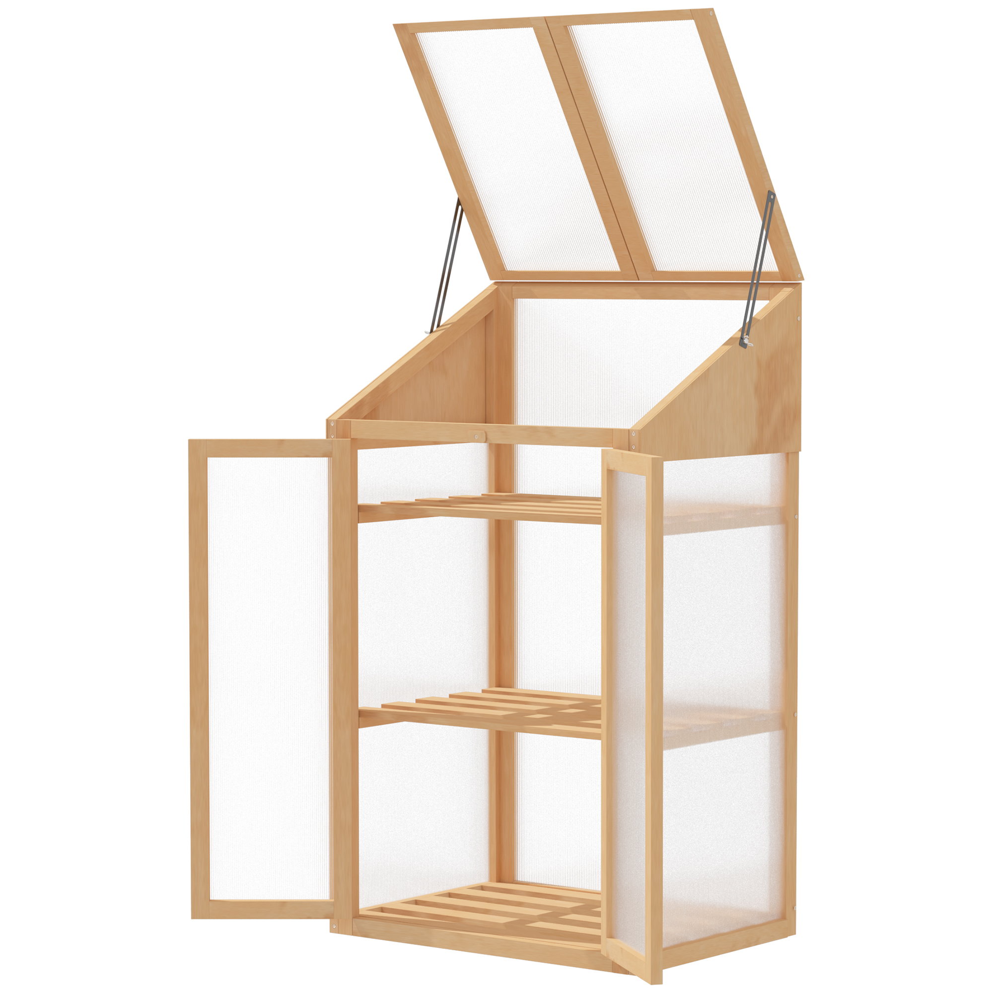 Outsunny Mini-Gewächshaus, kleines Treibhaus mit Holzrahmen, Fenster und Doppeltür, 3 Regale, 70L x 50B x 120H cm, Braun