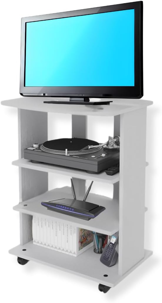 MOHOME Mobile Tv Legno MDF 3 Ripiani Mobiletto Bianco Frassinato Carrello Porta Tutto Pavimento Televisore Console Videogiochi DVD Ruote Trasportabili Robusto Moderno