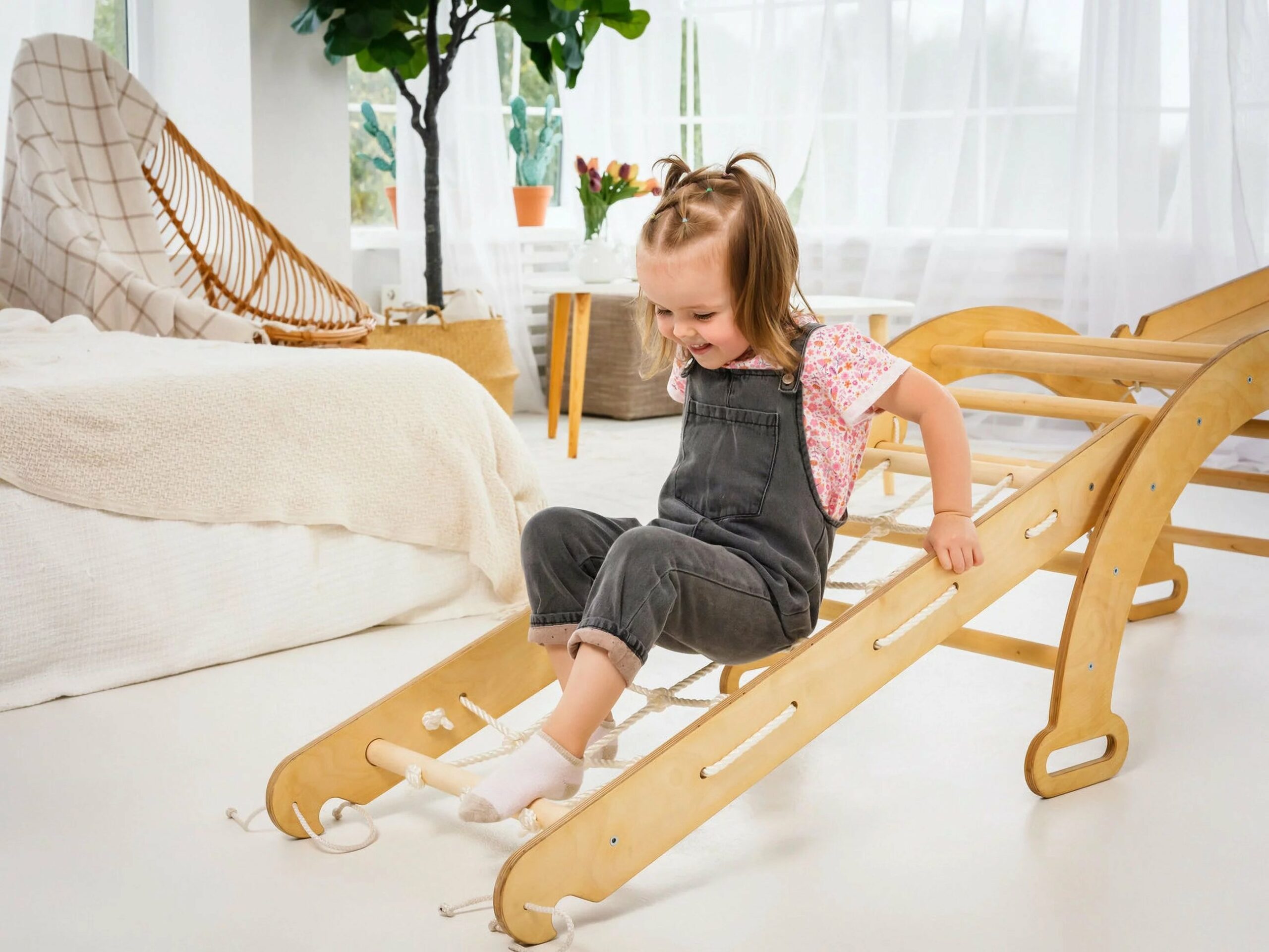 Goodevas 4 in 1 Montessori Indoor Playground for Kids 1 7: Foldable Triangle Ladder, Climbing Arch, Slide Board & Spider Net