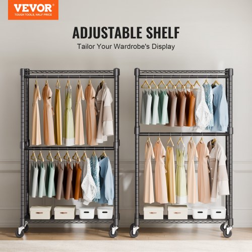 VEVOR Rollbarer Kleiderständer Garderobenständer 1 Kleiderstange, 2-lagig, 136 kg Belastbar Strapazierfähiger Rollbarer Kleiderständer für Schlafzimmer, Wäscheraum, Ankleidezimmer, Eingang usw.