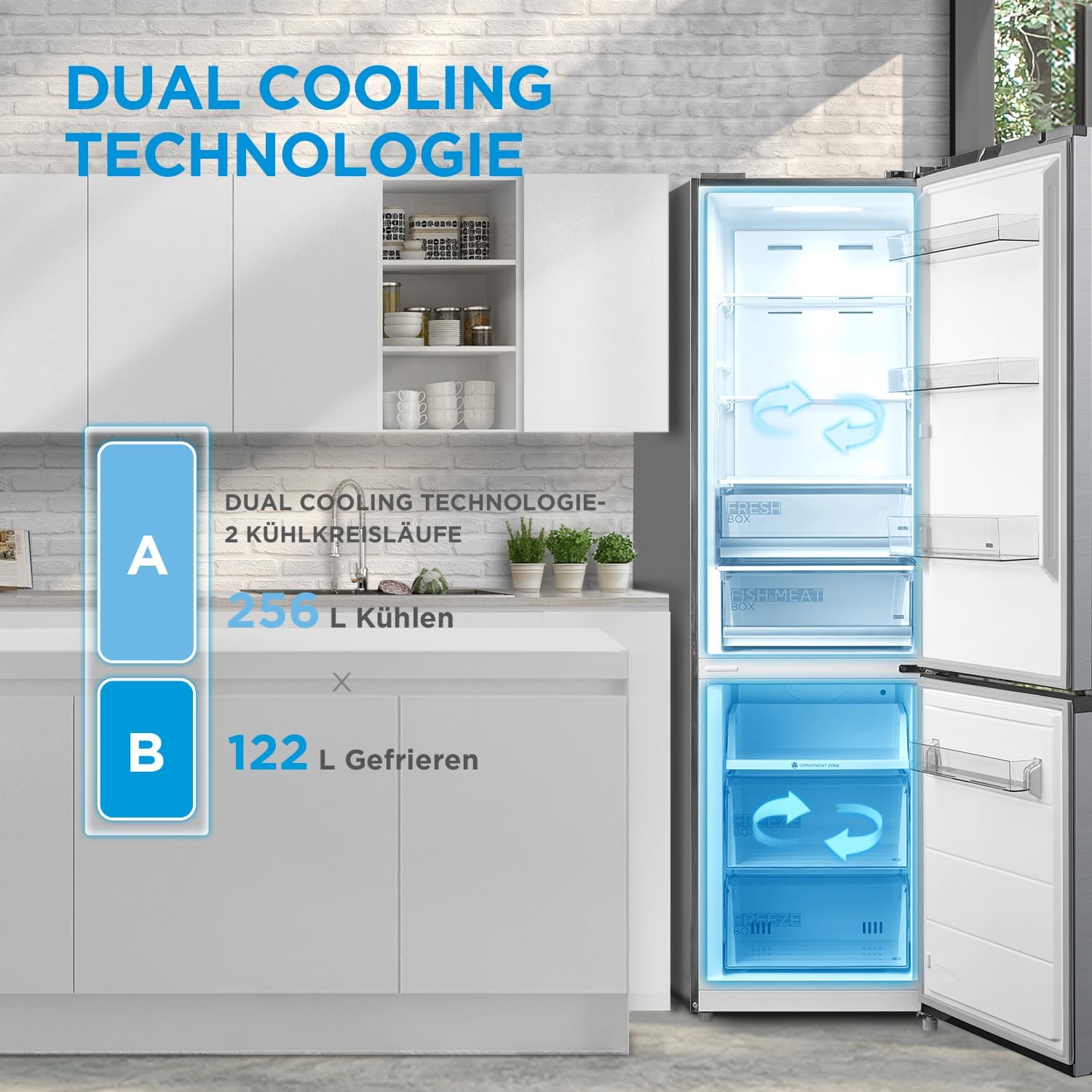 Midea MERB276FGE02A Fridge/Freezer Combination, 180 cm Height, NoFrost, Double Control, Super Cooling Function, 219 kWh per Year, Fridge Capacity 199 L, 71 L Freezer Capacity