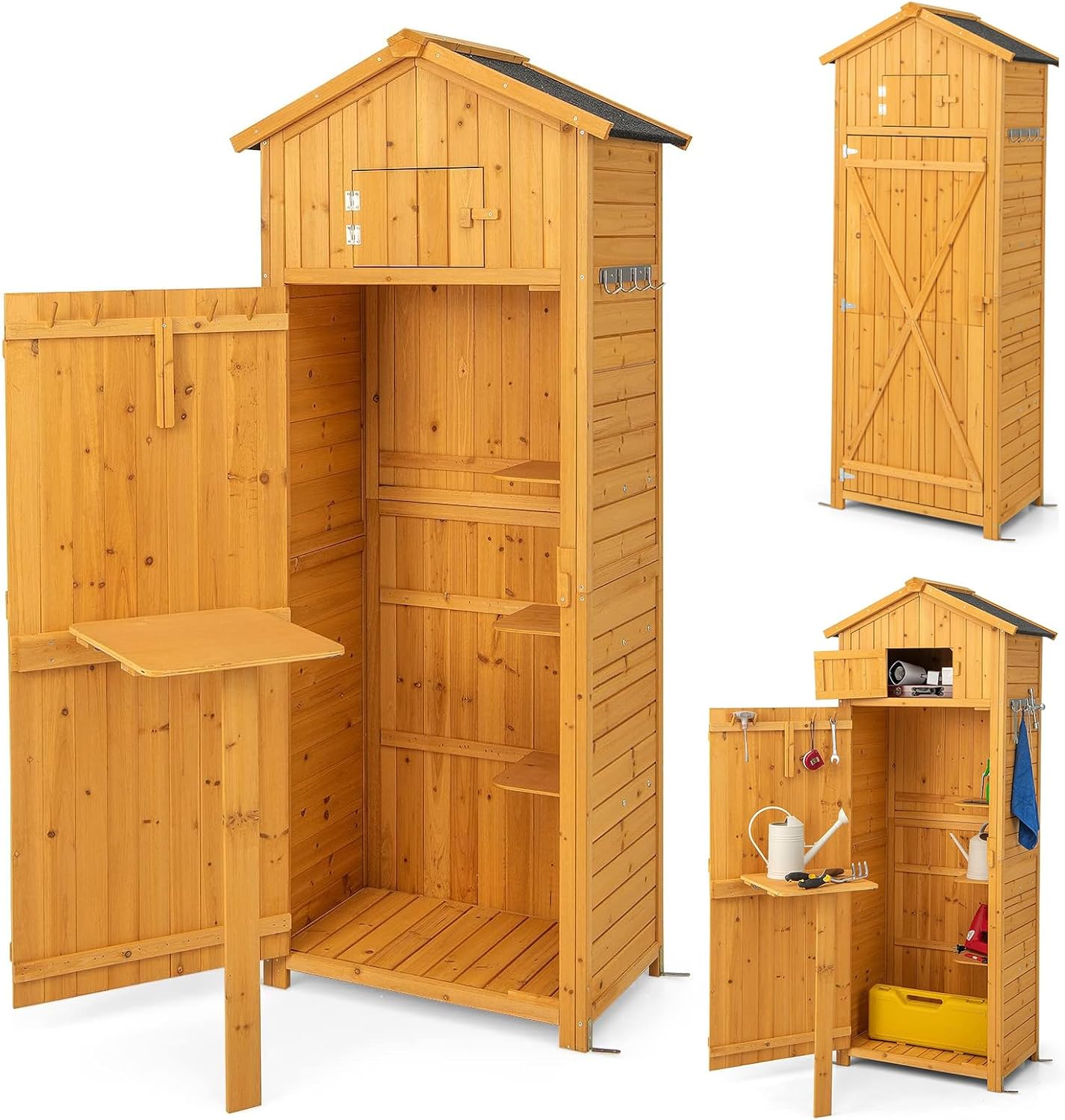 RELAX4LIFE Outdoor Wooden Wardrobe with Double Door, Folding Table and Asphalt Rainproof Roof - 65 x 42 x 180.5 cm, for Garden, Patio and Yard (NATURAL)