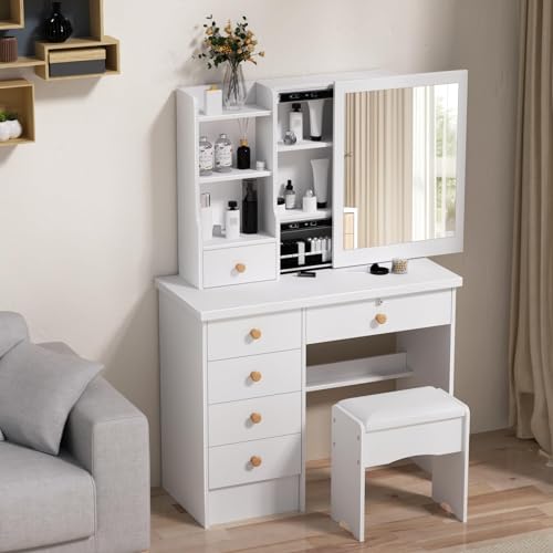 Tavolo da trucco bianco con specchio, 6 cassetti e ripiani aperti, elegante tavolo da toeletta in legno per camera da letto : Amazon.it: Casa e cucina