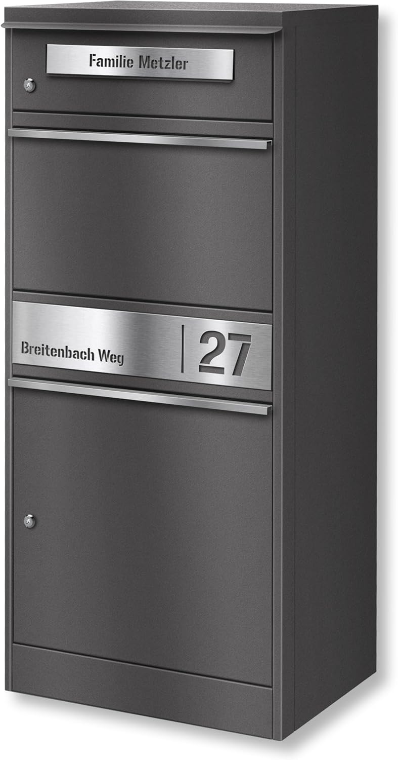 Metzler Briefkasten und Paketbox rostfrei und massiv, paketbox draussen groß XXL, Standbriefkasten modern, Paketkasten, Postbox in DB 703 Eisenglimmer mit Namensgravur, Modell Bispo 2
