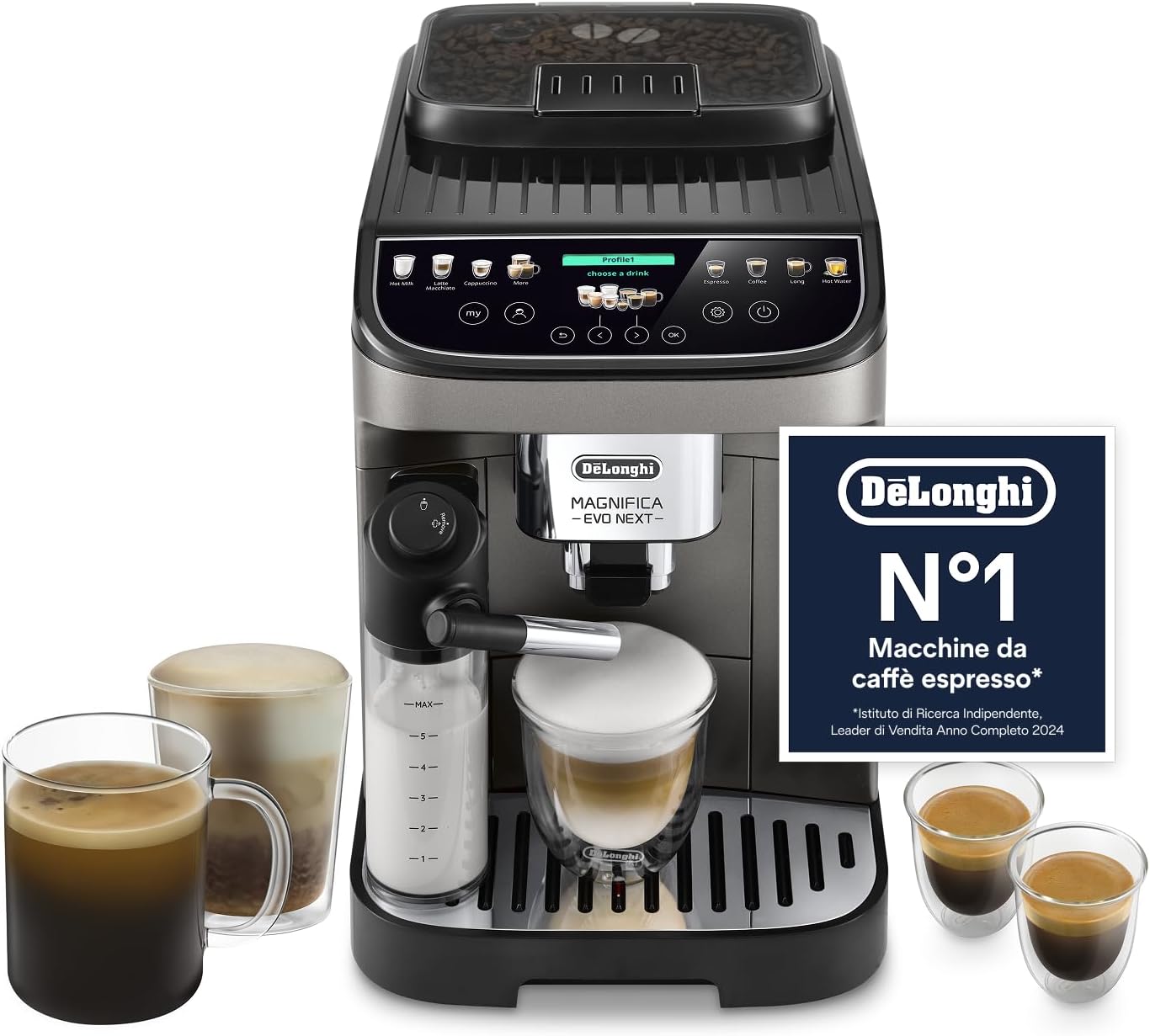 De’Longhi Magnifica Evo Next – Perfetto Macchina da Caffè Automatica, LatteCrema Montalatte Automatico, 13 Bevande in un Solo Tocco, Display Touch a Colori, Titanio e Nero (ECAM312.80.TB)