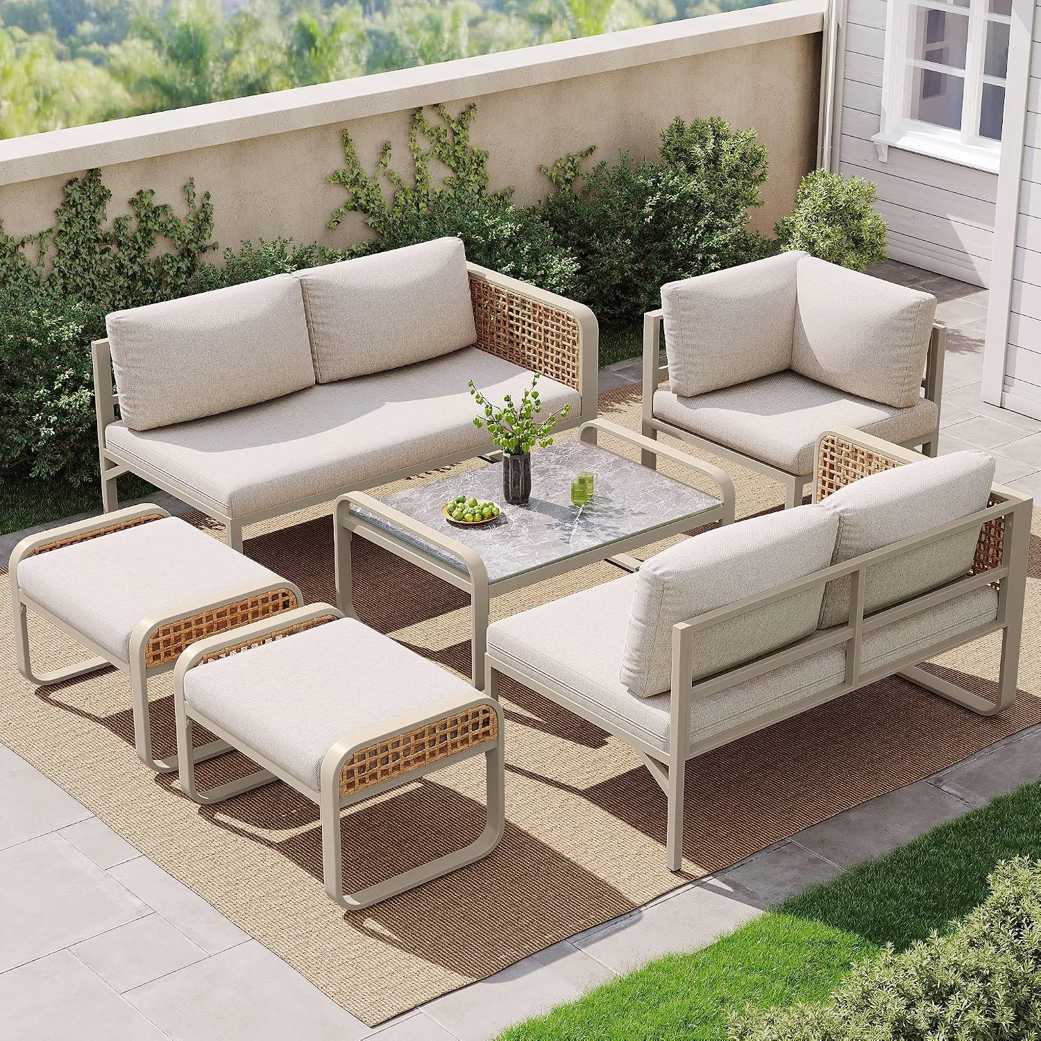 Lahoomu Sofa, Beige, Garten-Lounge-Set, Rattan-Möbel-Set für 6-7 Personen, Eck mit verzinktem Eisengestell, verstellbare Beine