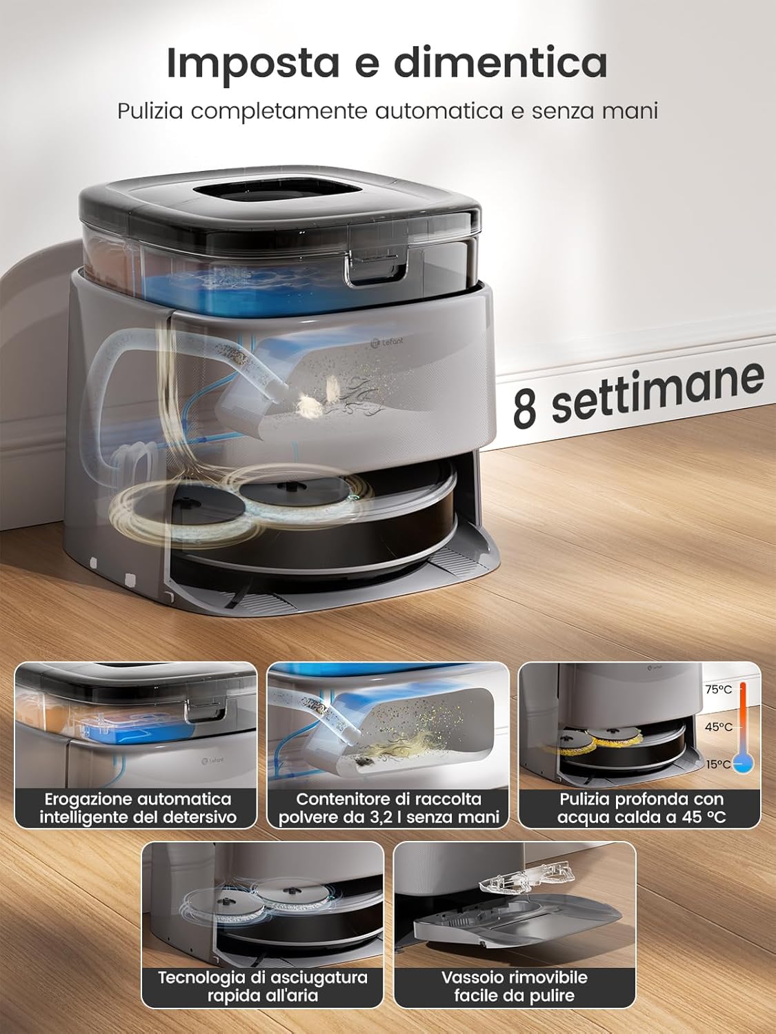 LEFANT M3 MAX Robot Aspirapolvere Lavapavimenti con Mappatura, 20.000Pa, Navigazione Laser dToF, Evitamento Ostacoli PSD, Svuotamento Riempimento, Panno Sollevabile, Asciugatura, WIFI/App/Alexa