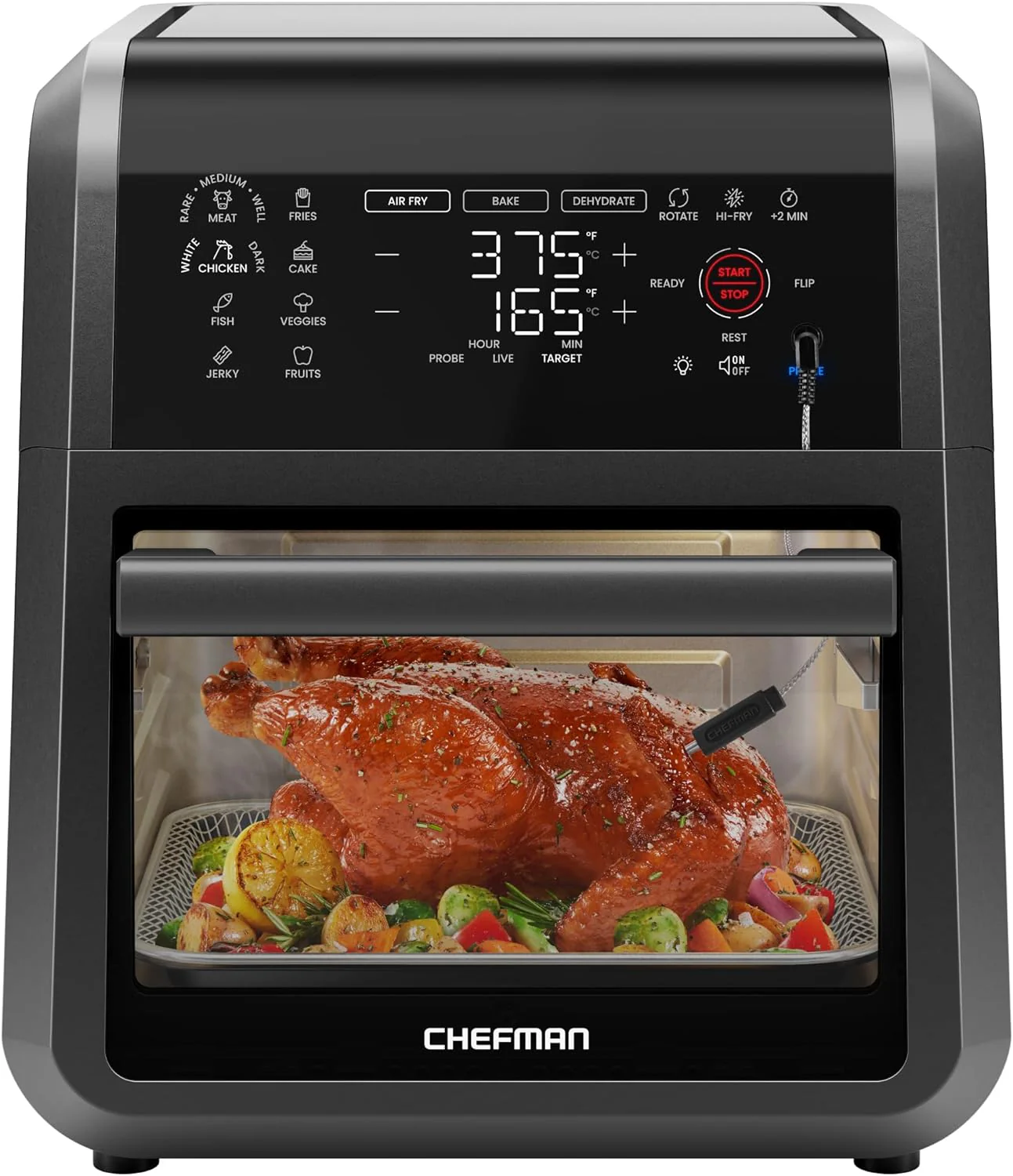 CHEFMAN ExacTemp™ 12-Quart Air Fryer with Integrated Smart Cooking Thermometer, 28 Touchscreen Presets, Broiler, Dehydrator, and Oven