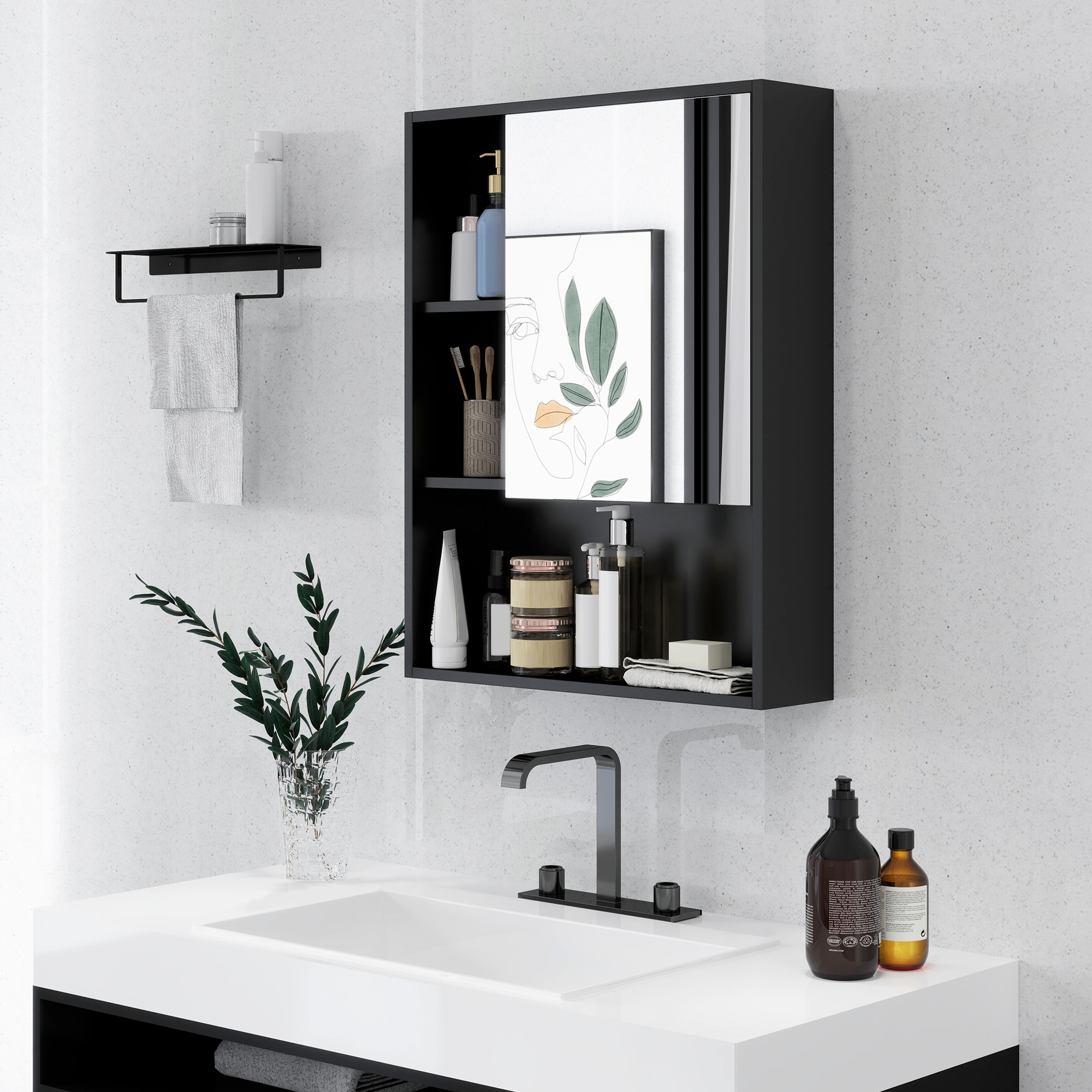 Kleankin Badezimmerschrank mit Spiegel, Regalen und verstellbarem Regal, Wandmontage, 60x15x76cm, Schwarz