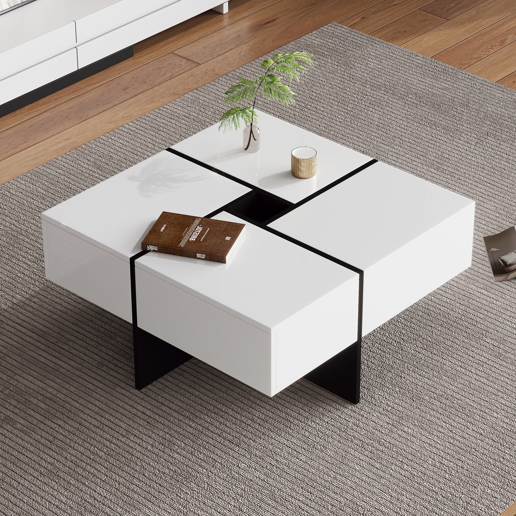 Eleganter Wohnzimmertisch mit 4 Schubladen und integriertem Staufach, 70x70x35 cm, hohe Stabilität, Schwarz-Weiß