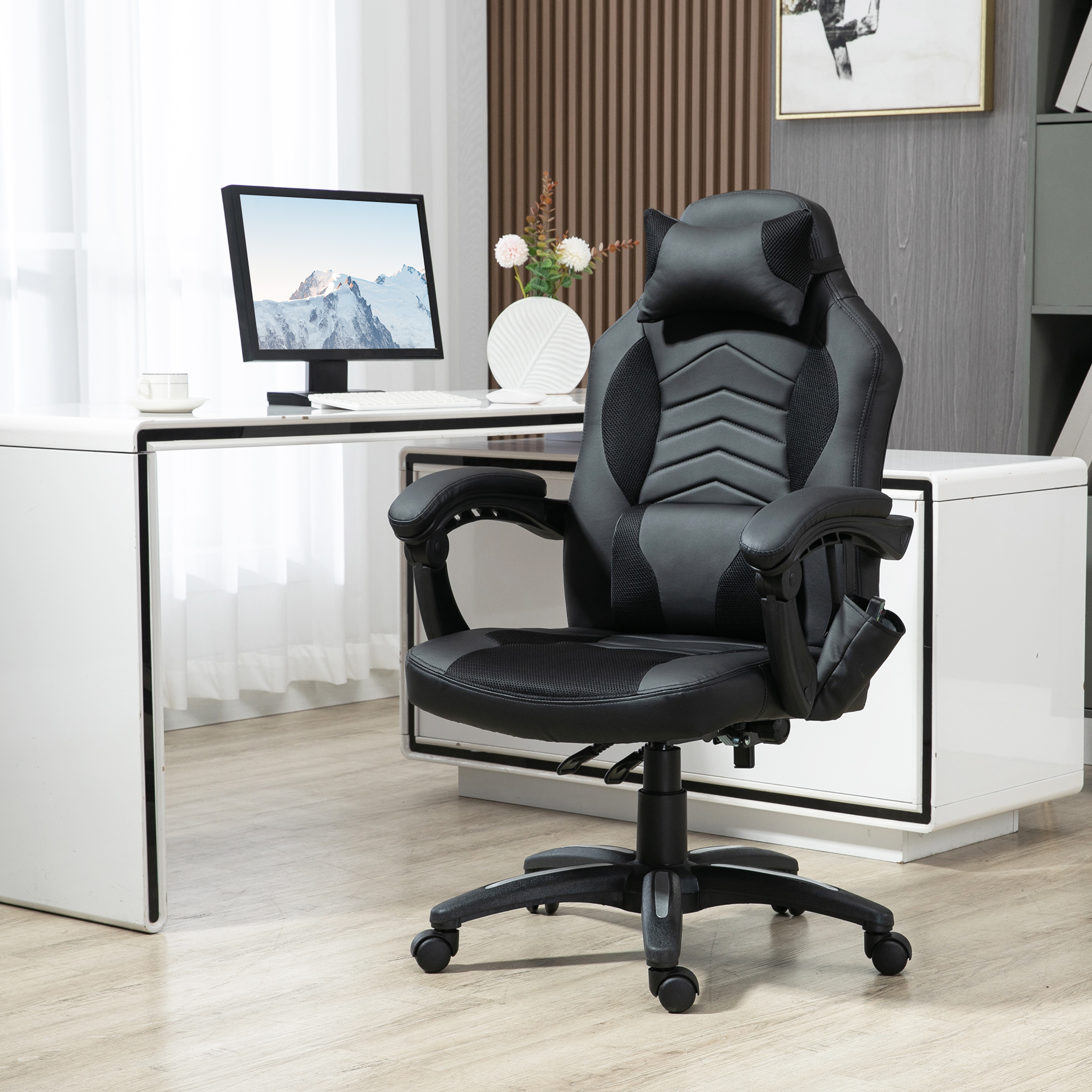 HOMCOM Bürostuhl Massagesessel Massagefunktion mit 6 Vibrationspunkte Ergonomischer Gaming Stuhl mit Wärmefunktion Kunstleder Schwarz 68 x 69 x 108-117cm