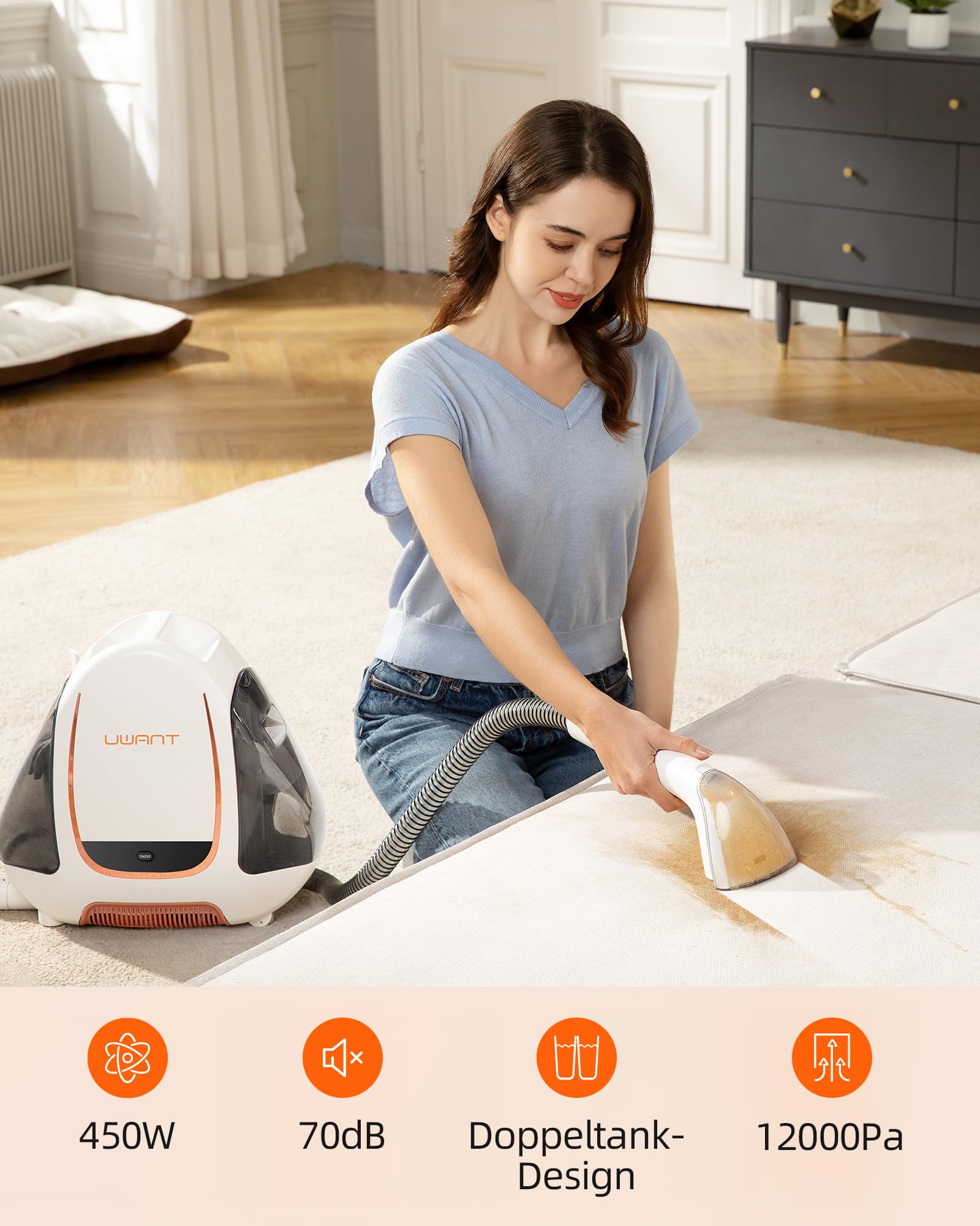 UWANT Waschsauger Teppichreiniger für Sofa Teppich Polster Nass Trockensauger starke Saugkraft 12000Pa 70dB