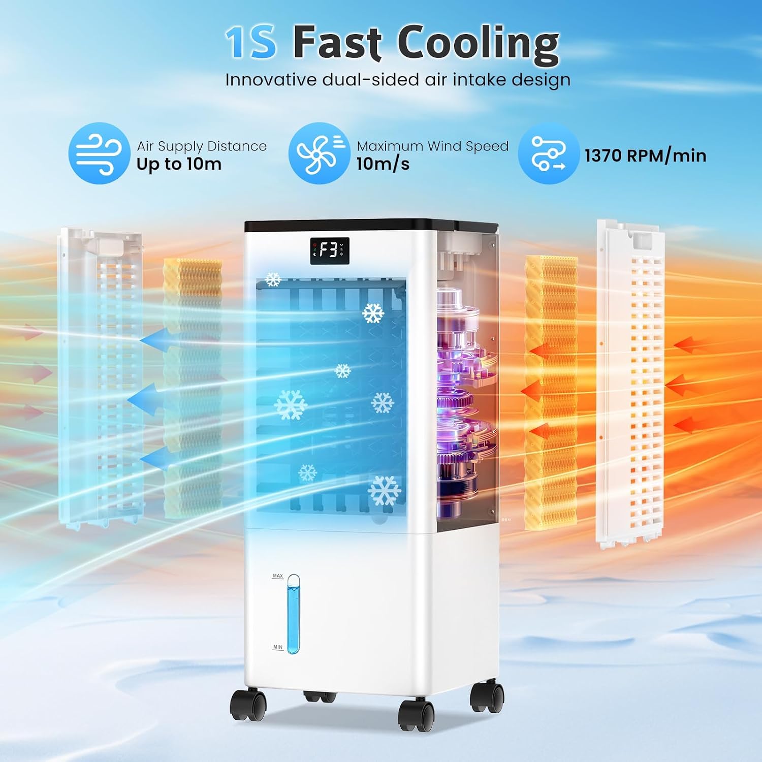 Klimaanlage Mobil Ohne Abluftschlauch, Verdunstungskühler Großer Wassertank 60W, Leiser Turmventilator Schlafmodus, 4 Modi 3 Geschwindigkeiten 1-12h Timer 60/120° Oszillierend Fernbedienung 4 Kühlakku