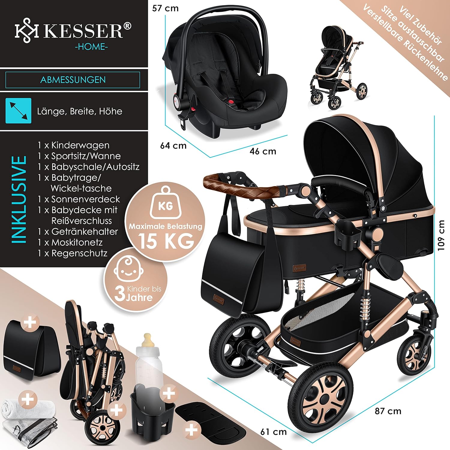 KESSER® Loops 3 in 1 Kinderwagen Kombikinderwagen Komplett-Set inkl. Babywanne & Buggy Sportsitz & Auto-Babyschale Voll-Gummireifen Wickeltasche Regenschutz Kindertisch ECE R129, Schwarz/Schwarz