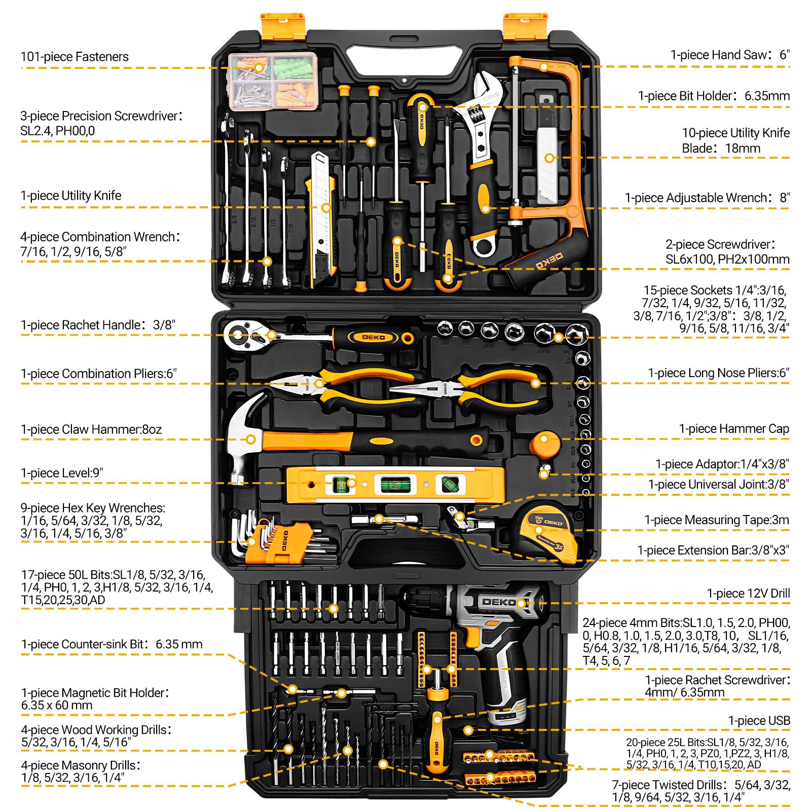 Tool Kit Box Drill Set: DEKOPRO Home Mechanic Toolbox with 12V Power Cordless Drill