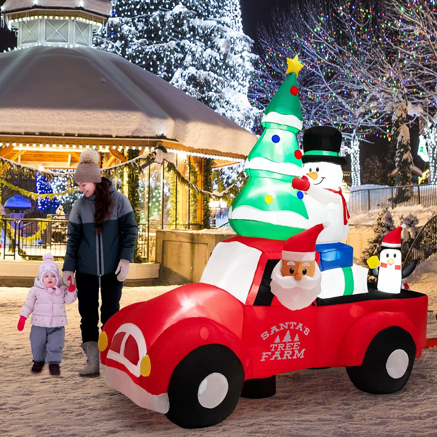 Tangkula 8FT Inflatable Santa in Car with LED, Snowman & Penguin, Outdoor Christmas Yard Decoration