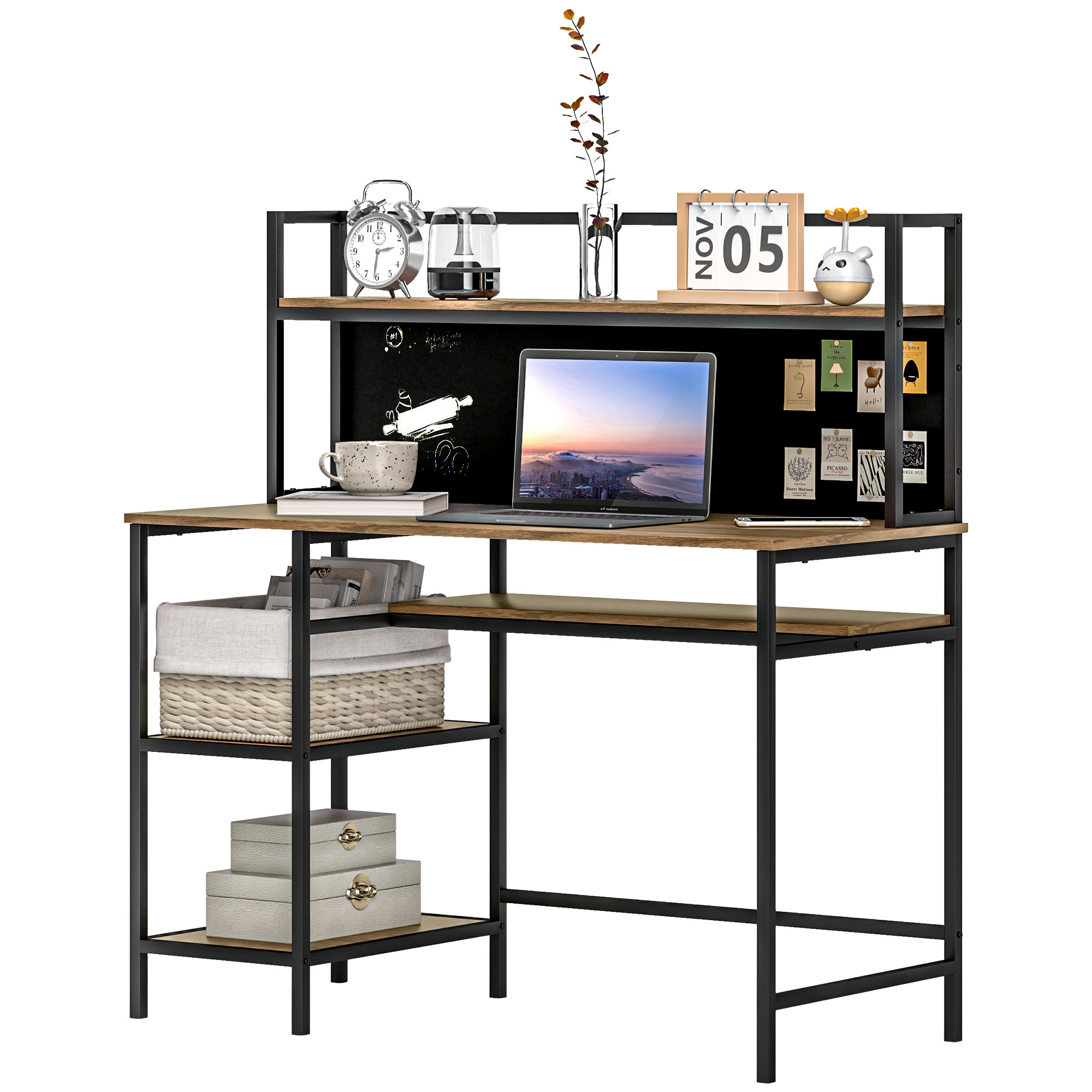 HOMCOM Schreibtisch mit Stauraum, Computer-Schreibtisch mit 4 Regalen, großer Arbeitsplatte und schwarzer Tafel, Braun