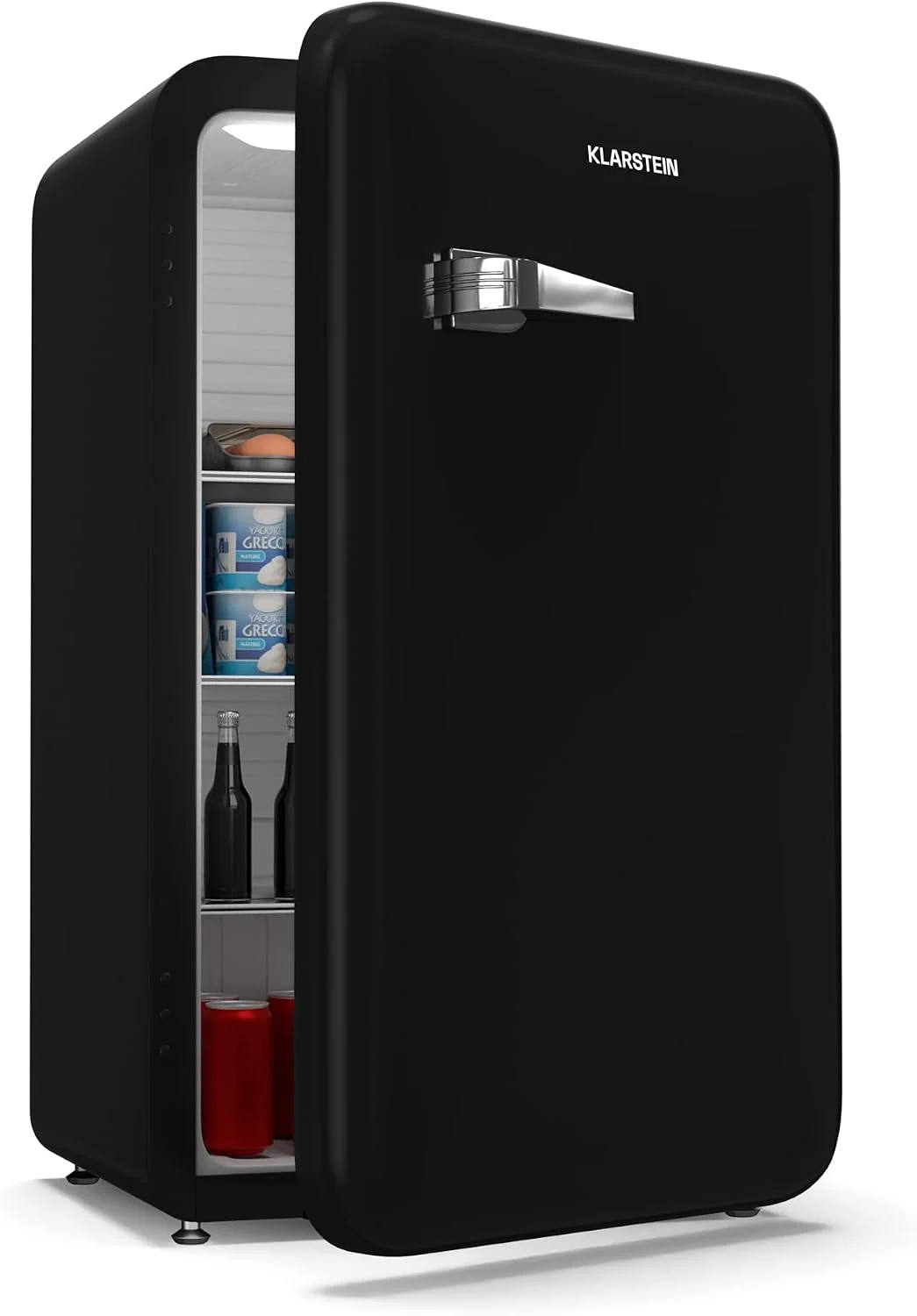 Klarstein Mini-Kühlschrank, 40 dB, 90 L, Schwarz, Audrey Evo Retro Mini Kühlschrank - Leise, Kompakter Kühlschrank Klein mit Verstellbaren Füßen