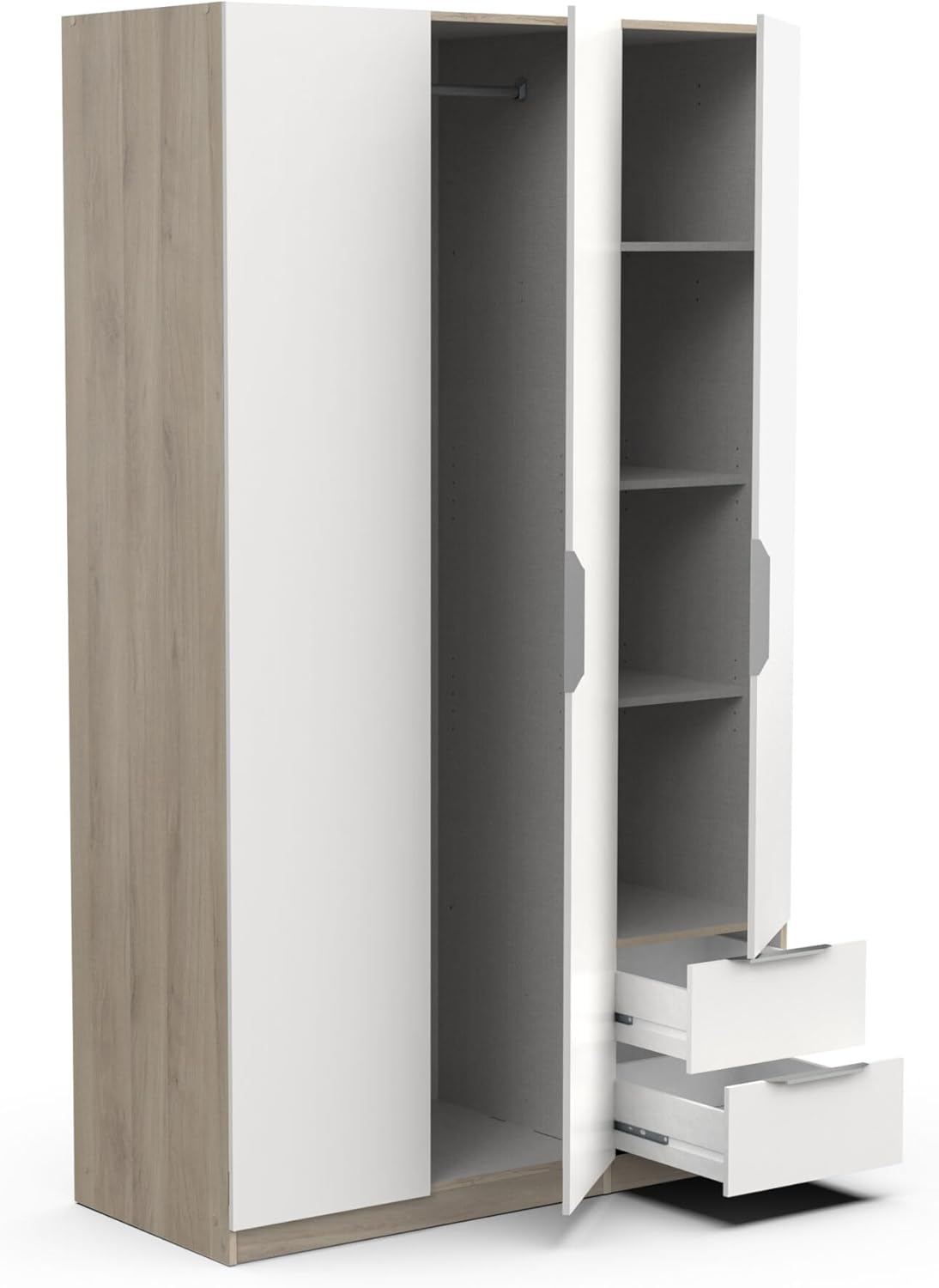 Demeyere 391382 Modern Wardrobe with 3 Doors and 2 Drawers 4 Niches, Kronberg Oak and Matt White, 119.4 x 51 x 203 cm, Engineered Wood, Grey