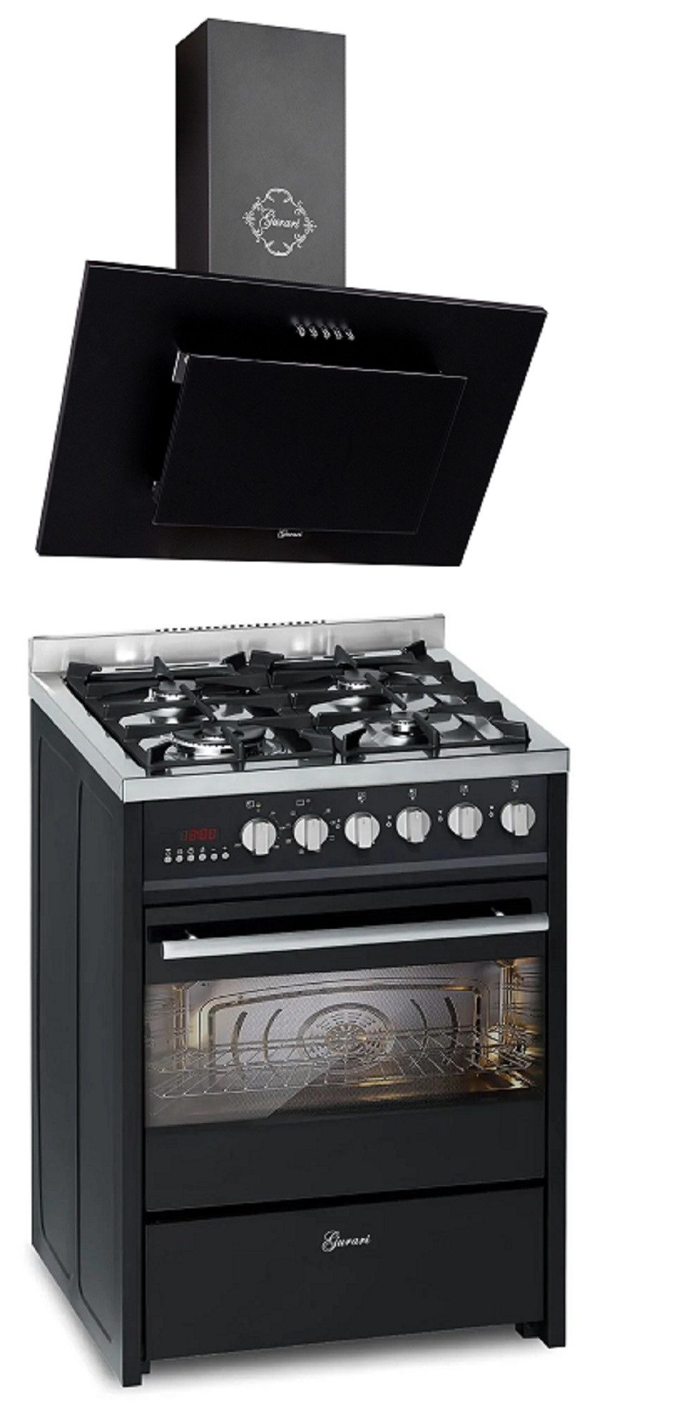 Gas-Standherd 60 cm Schwarze Gasherd mit Elektrobackofen 60 L, Erdgas/Propangas, 4 Kw, WOK, Range Coocker mit Dunstabzugshaube 60 cm, 860m³/h Schwarz, Wandhaube, Randabsaugung GCH E 610 BL+GCH S 211 60 BL N