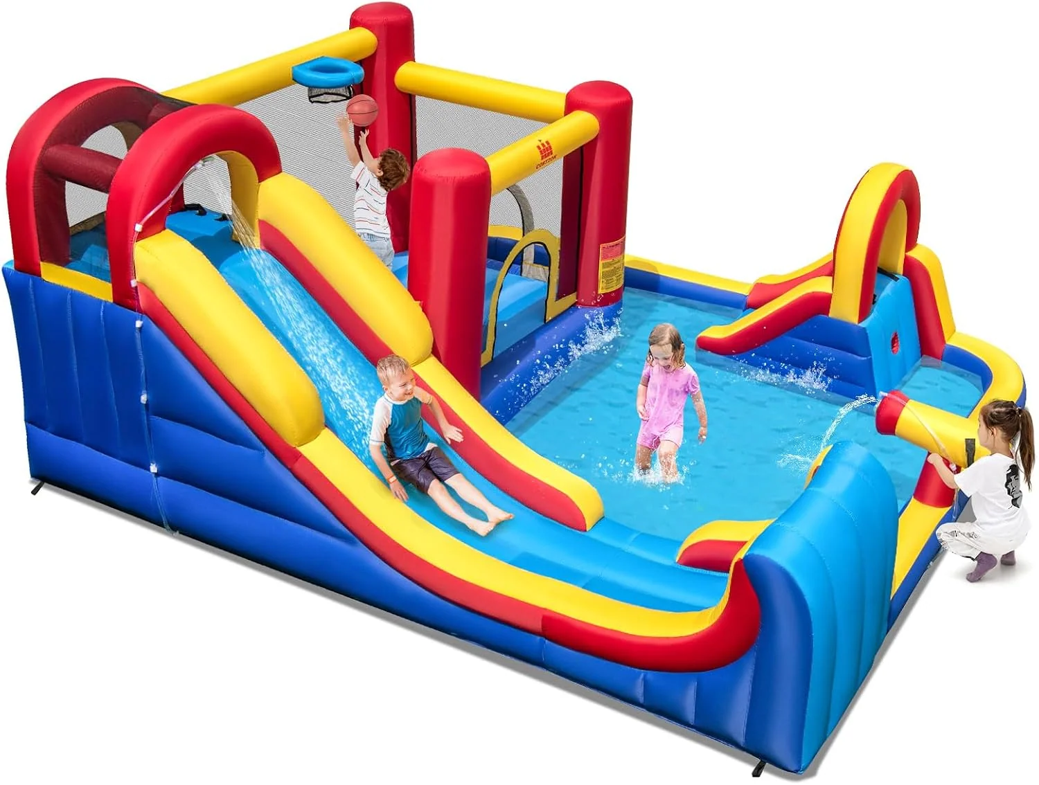 COSTWAY Hüpfburgen, 450 x 392 x 216 cm, Gelb/Rot/Blau, Hüpfburg mit Wasserrutsche, Kletterwand, Sprungbereich, Wasserkanone