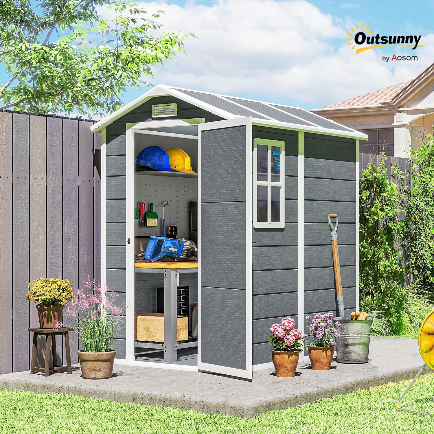 Outsunny Gerätehaus 2,1m², Wasserdicht Gartenhaus mit Boden Pultdach, 131x186x198/172 cm, Geräteschuppen mit Abschließbar Tür, Fenster Fahrradgarage aus Kunststoff, für Hinterhof, Garten, Grau