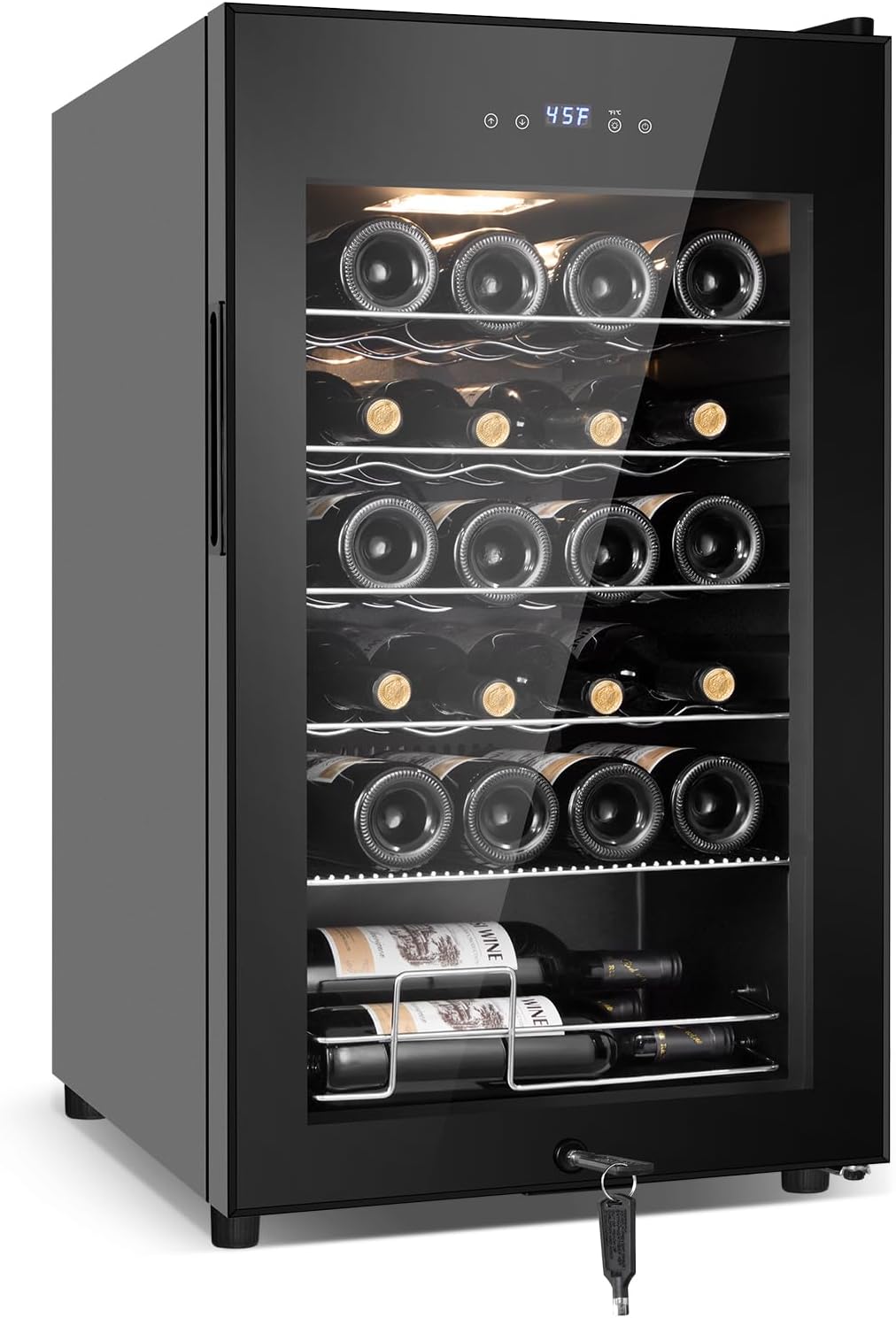 Tylza 24 Bottles Wine Fridge, Wine Cellar with Powerful Compressor, LED Touchscreen, Low-E Tempered Glass Door, Lock, Wine Cooler Refrigerator for Red, White, Champagne or Sparkling Wine, Black
