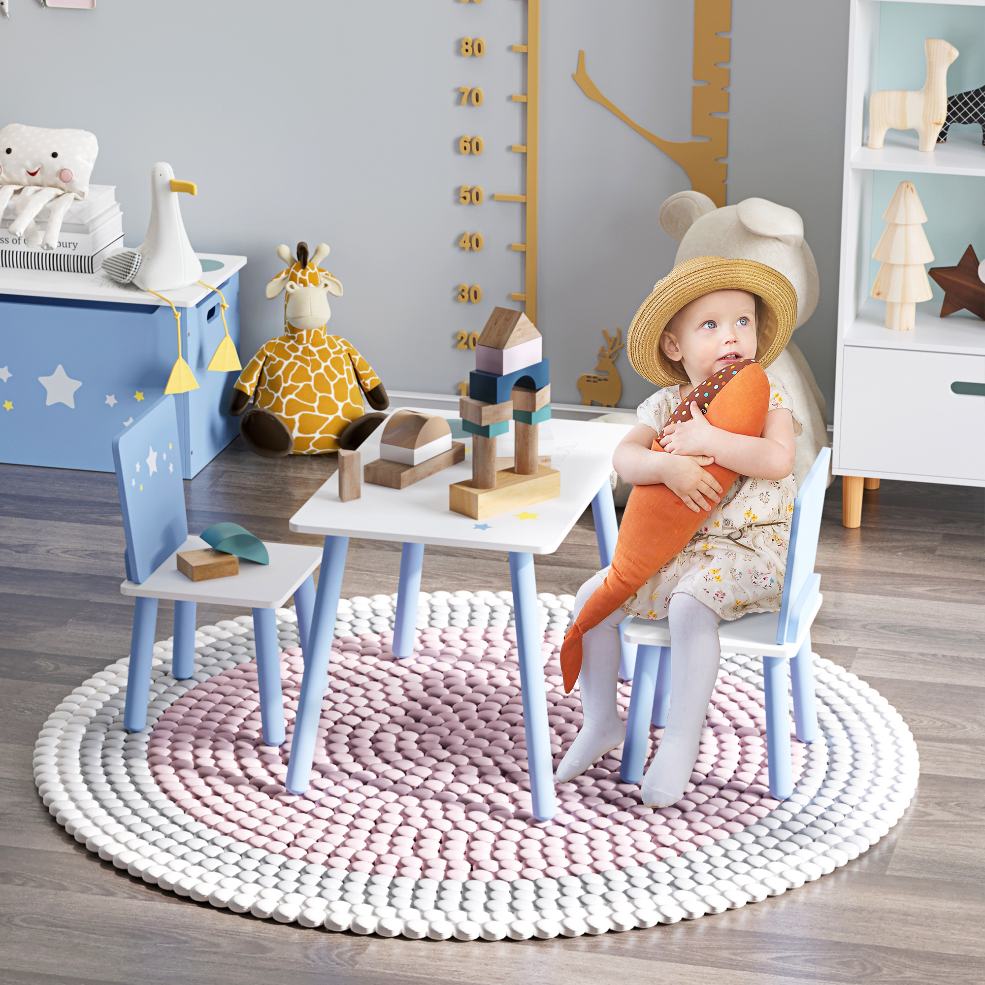 HOMCOM 3-tlg. Kindersitzgruppe mit Kindertisch Kinderstuhl Kindermöbel aus Holz Sitzgruppe Kinder für Kleinkind Mädchen Junge Holz Blau+Weiß 60 x 40 x 43 cm