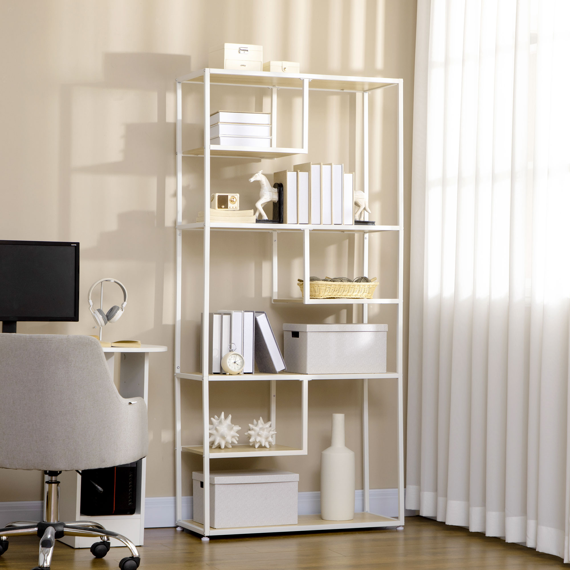 HOMCOM Bücherregal Regal mit 7 Ebenen Metallrahmen Industriestil 83 x 34 x 180 cm Eiche