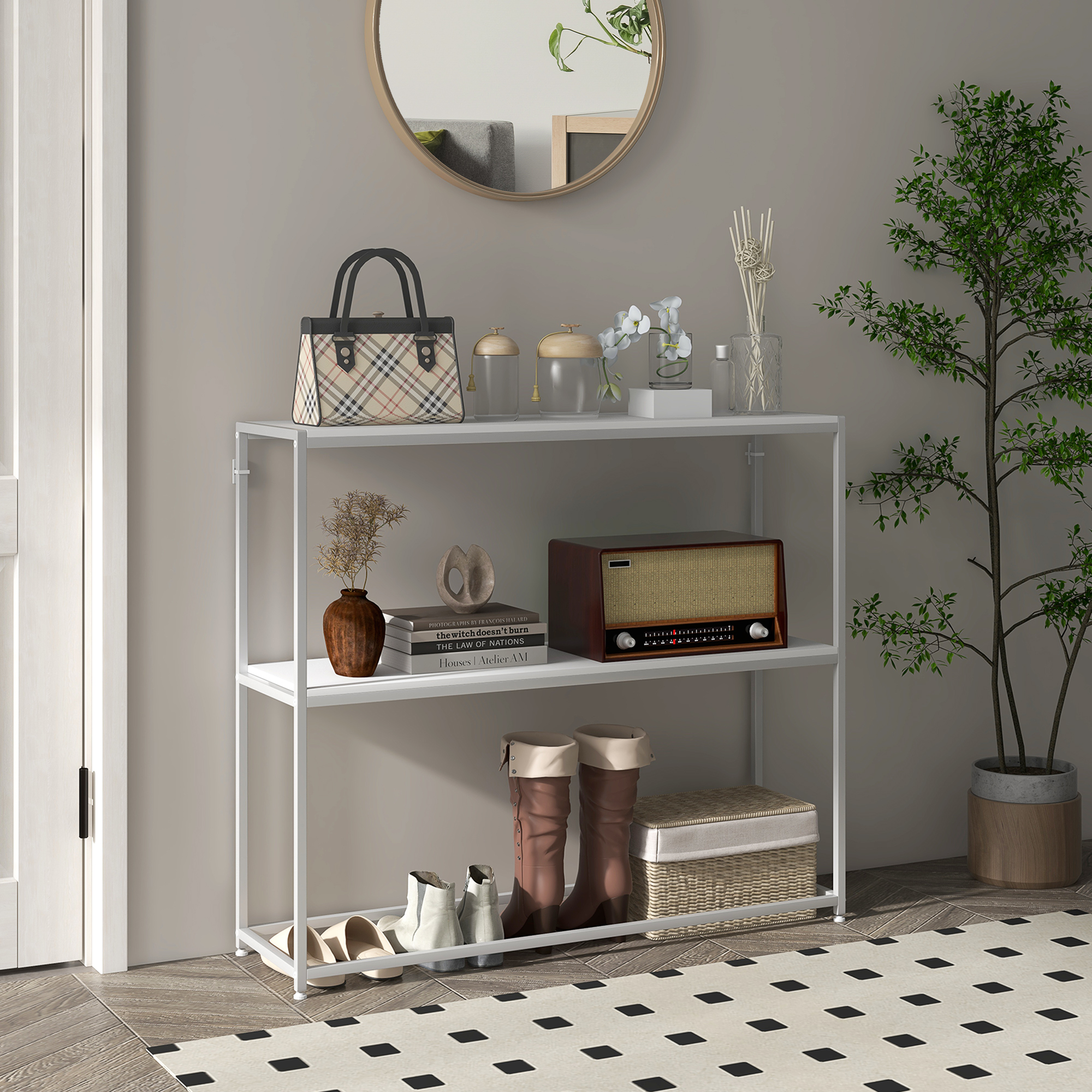 HOMCOM Konsolentisch aus Stahl mit 2 Regalen, modernem Design für Wohnzimmer Eingangsbereich Flur 100 x 30 x 87 cm weiß