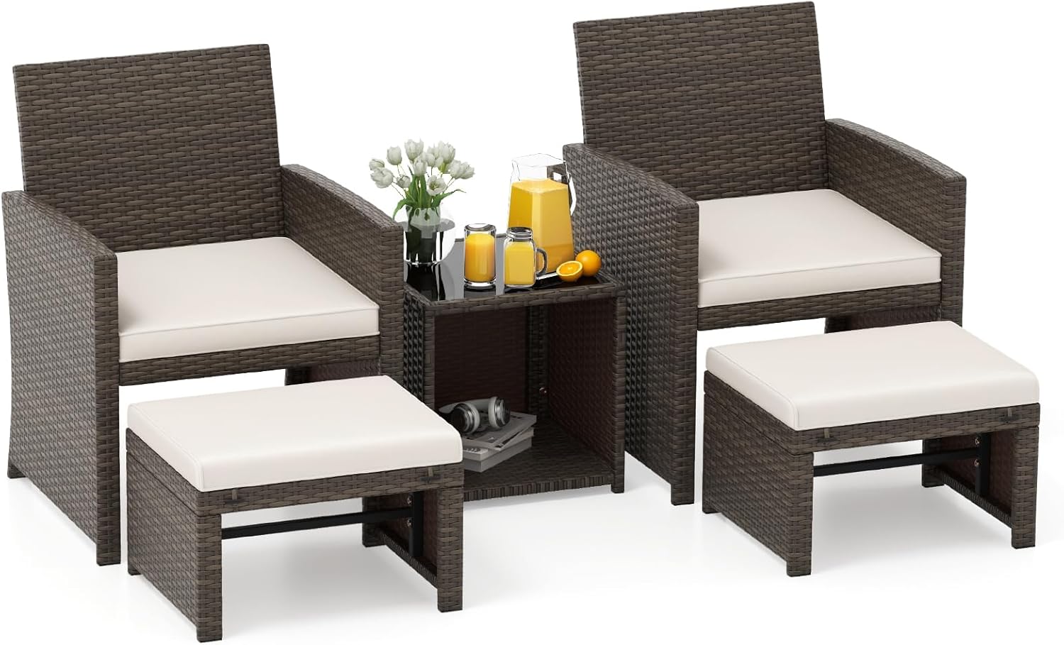 COSTWAY Set di 5 Mobili in Rattan, Set Conversazione da Esterno con Sedia e Ottomana e Tavolino da Caffè in Vetro Temperato, Braccioli Imbottiti, Perfetto per Giardino Cortile Piscina (Bianco)