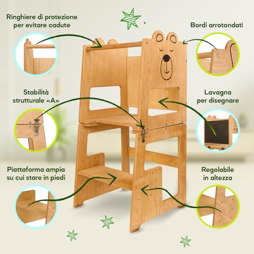 Kauza 3 in 1 Torre Montessoriana Trasformabile in Legno Naturale, Sgabello da Cucina e Bagno per Bambini con Lavagna, Torretta di Apprendimento Pieghevole con Tavolo e Sedia, Sicura da 1 Anno : Casa e cucina