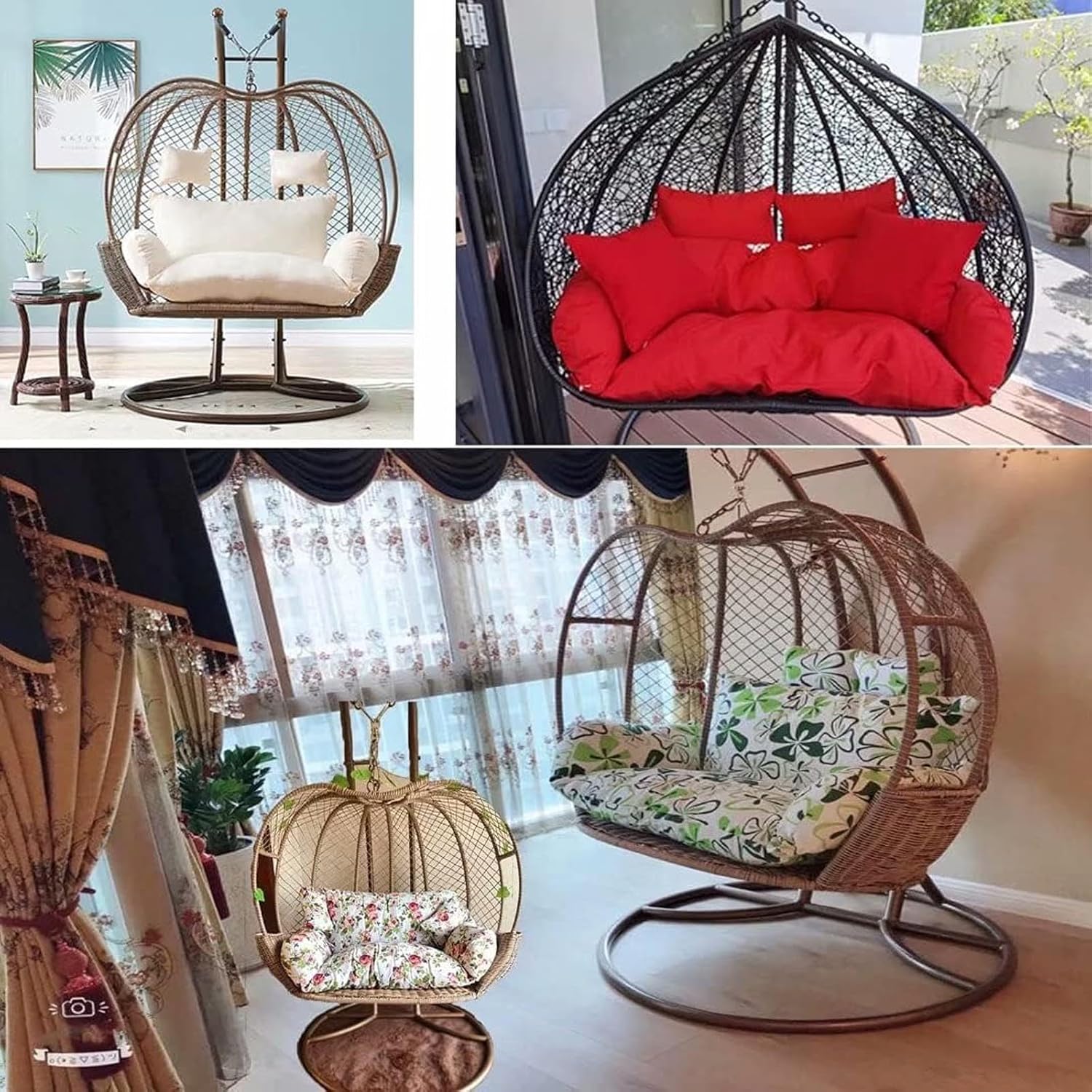 Sedia sospesa per 2 persone, impermeabile, in rattan, rimovibile, design a nido d'uovo, altalena con cuscini imbottiti, ideale per rilassarsi in giardino