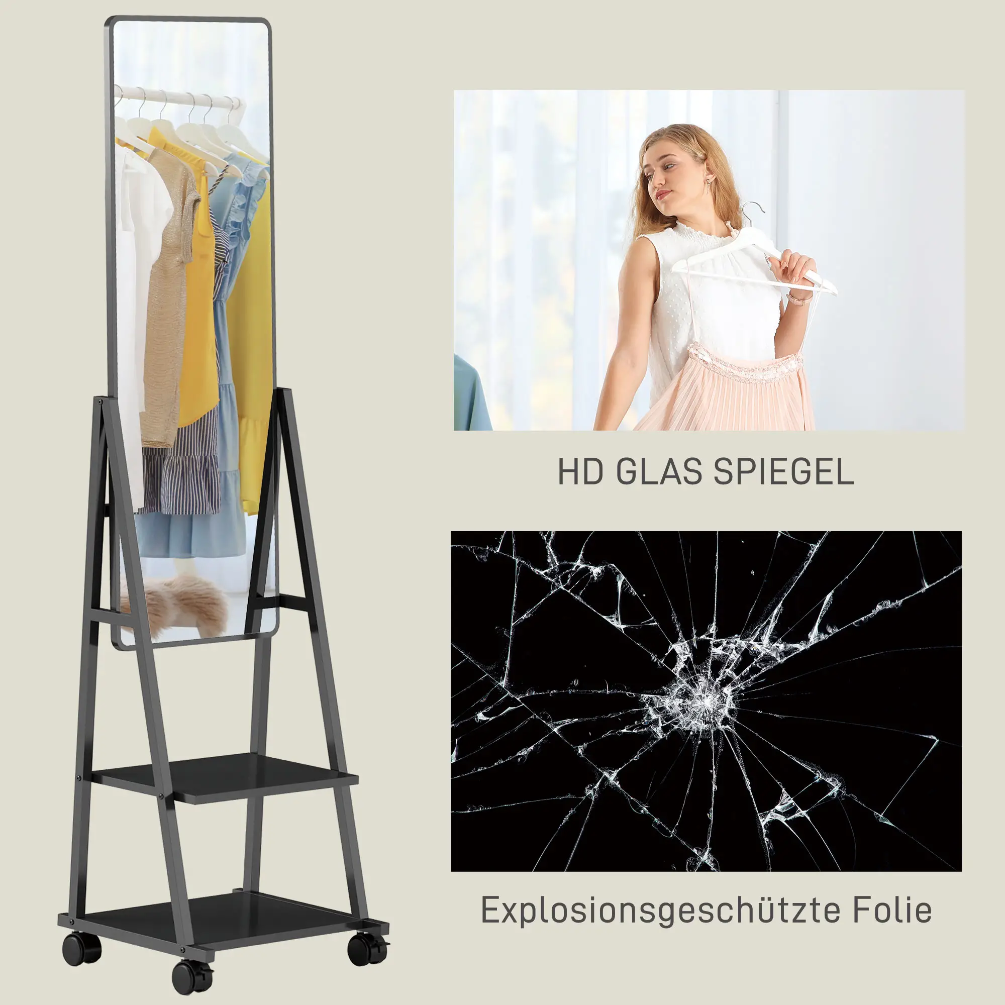 HOMCOM Standspiegel Ganzkörperspiegel mit Ablage und Rollen