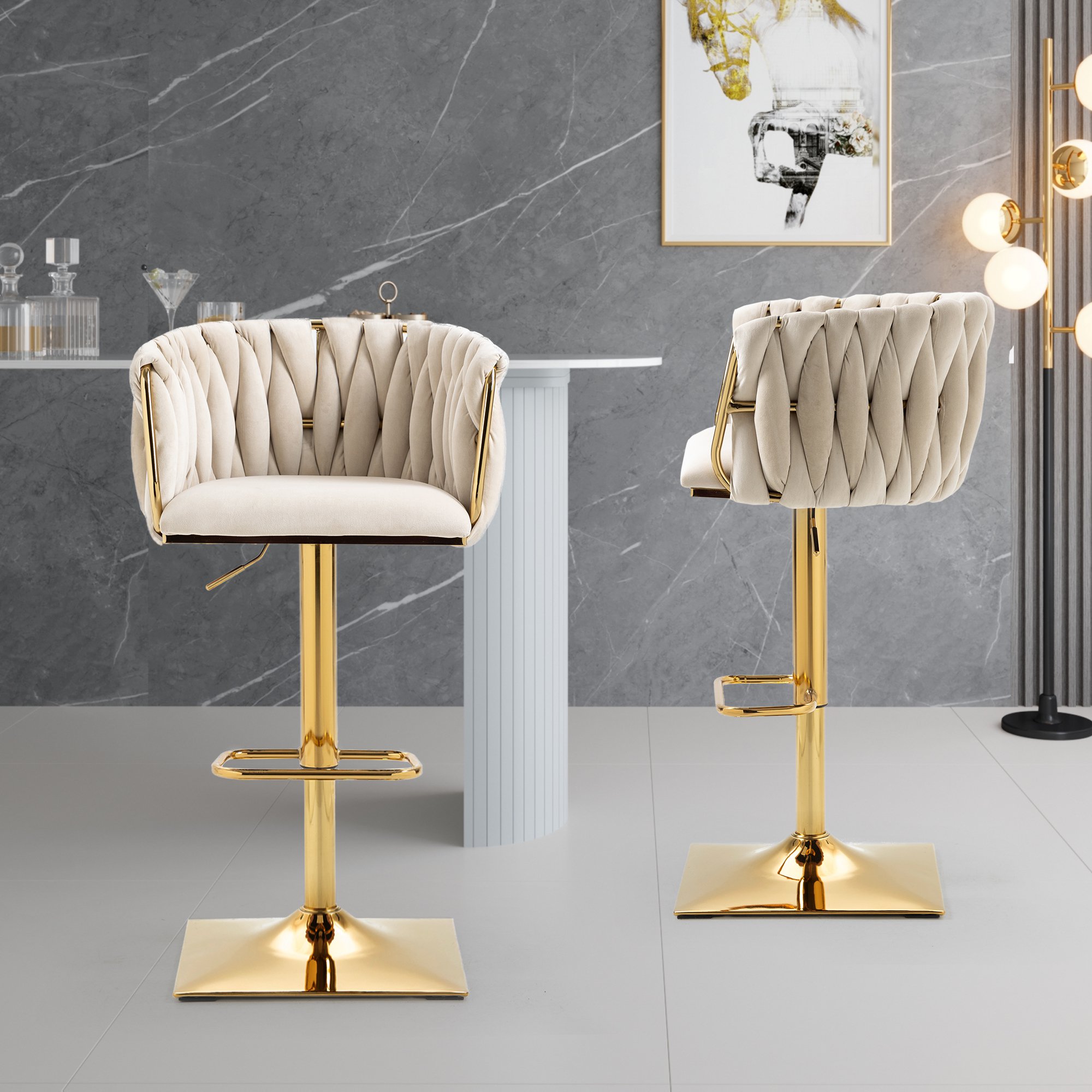 2 Art-déco Barhocker mit Lehne und Fußstütze, höhenverstellbar und 360° drehbar, Elfenbeinweiß