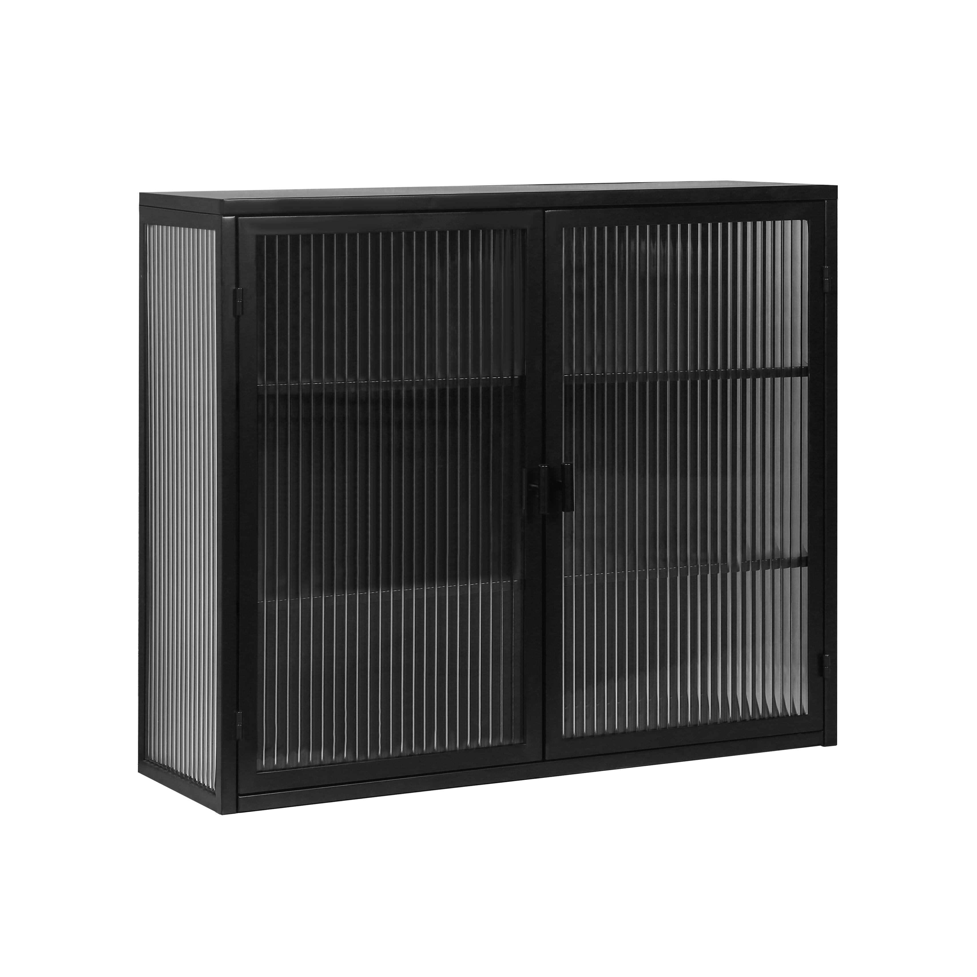 Badezimmerschrank hängend, Moderner Wandschrank 70x23x60 cm mit Glasfront und dreistufigen Regalen, Schwarz