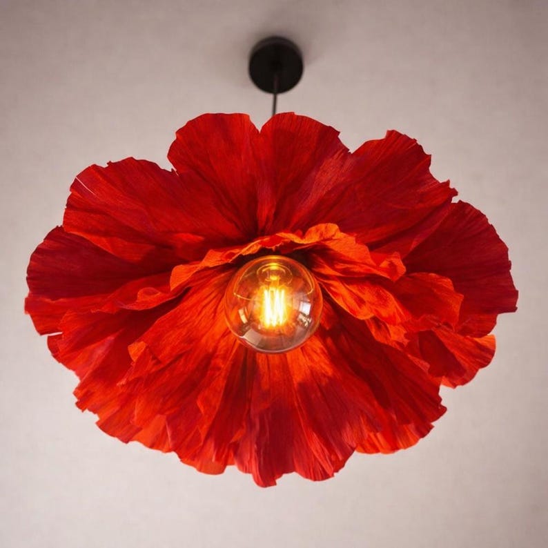 Pantalla de lámpara de papel crepé rojo amapola, lámpara de techo colgante floral