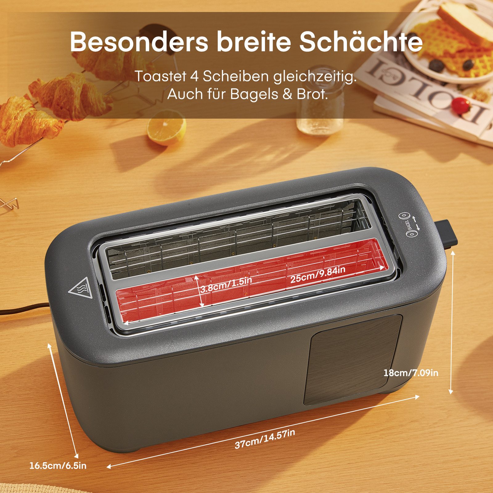 Toaster Langschlitz 4 Scheiben, Brötchenaufsatz, LED-Display, Touchscreen
