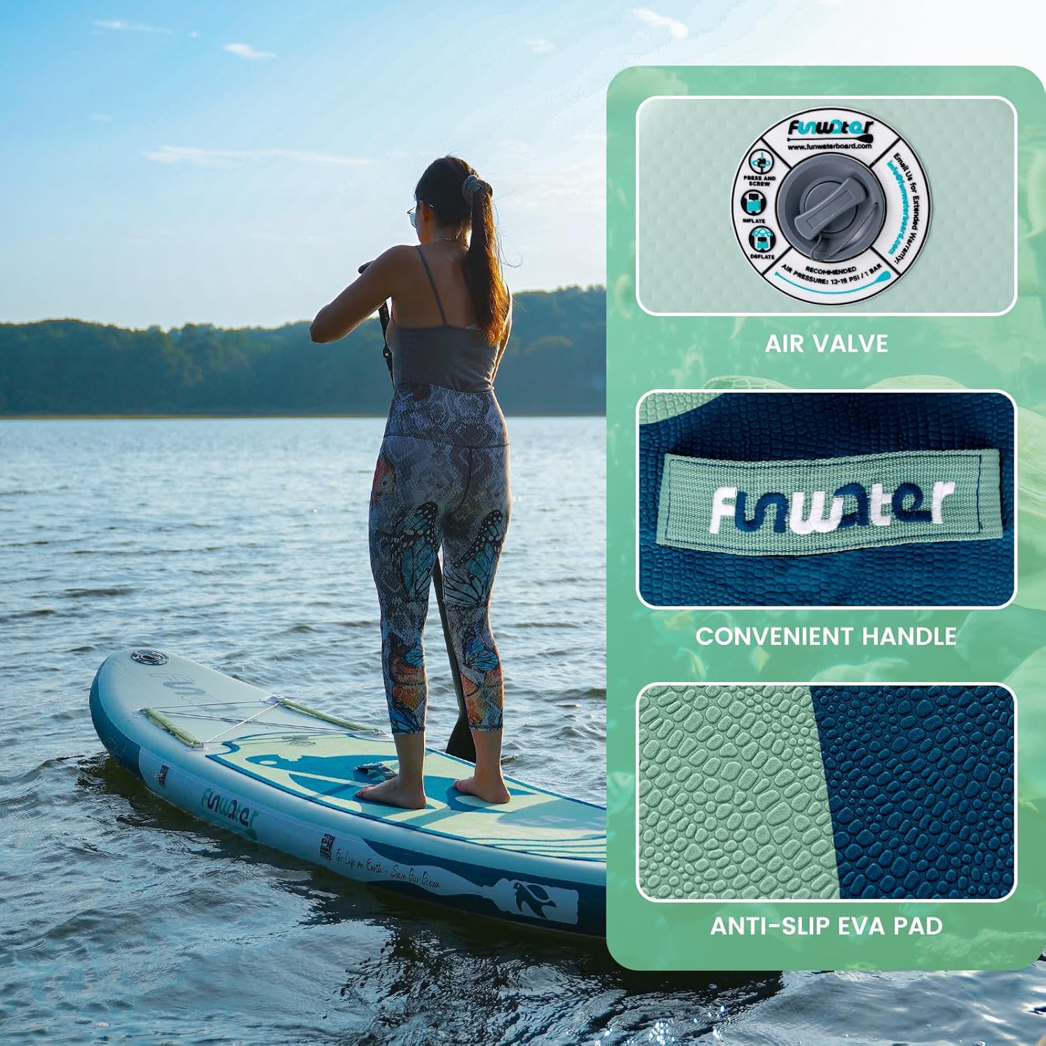 FunWater Tavola Da Surf Gonfiabile SUP Completa Paddleboard Accessori Pagaia Regolabile, Pompa, Zaino Da Viaggio, Guinzaglio Di Sicurezza, Custodia Impermeabile
