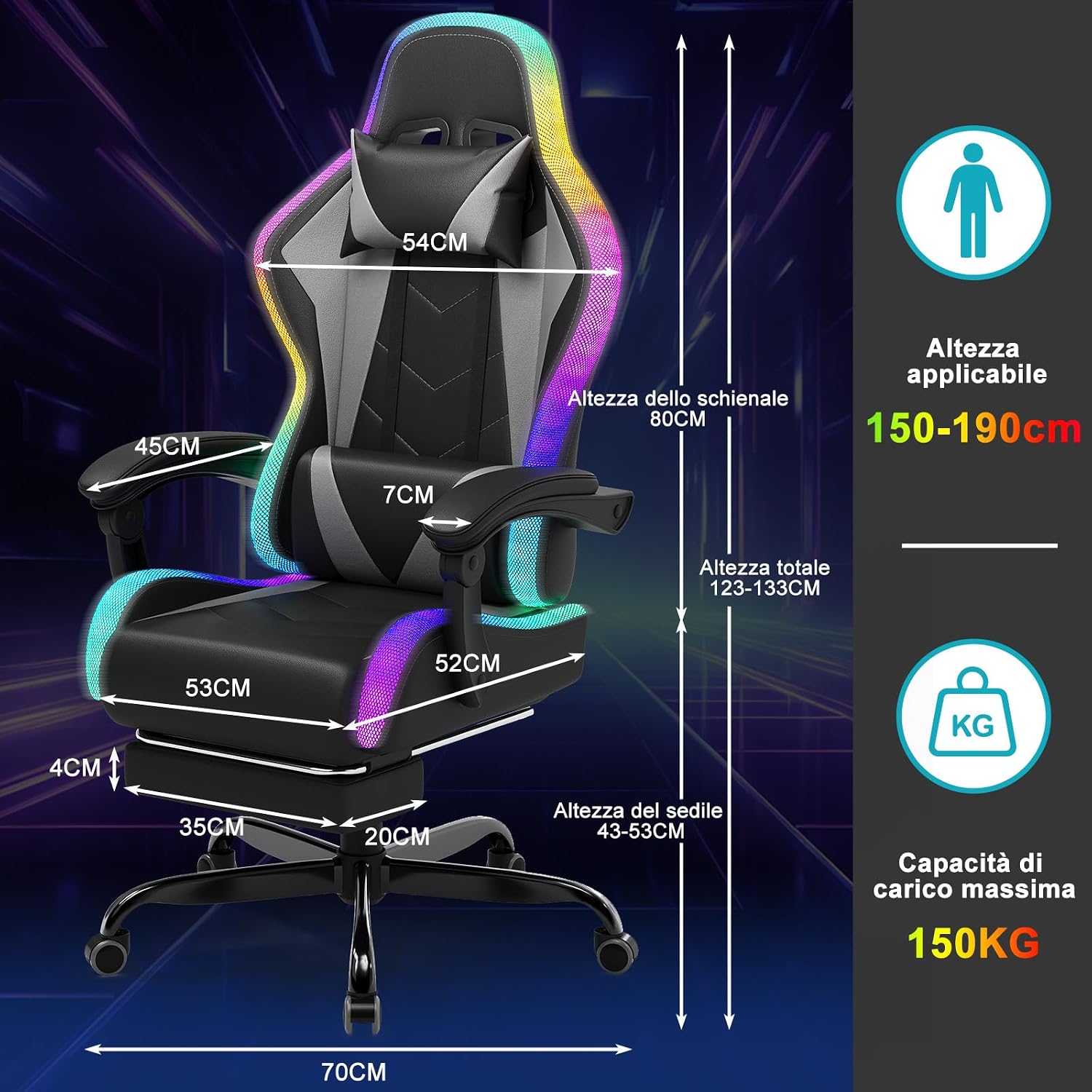 Devoko Sedia da Gaming con Massaggiante Schienale Regolabile 90-135°, Sedia Gaming con LED e Poggiapiedi Telescopico,Poltrona Gaming Ergonomica Portata 150 kg (Gray)