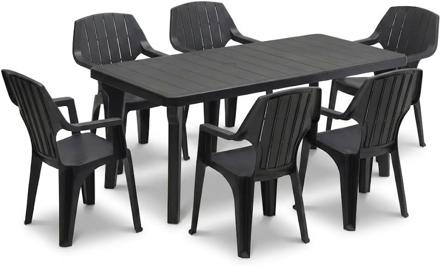 Tomaino - Table and 6 Plastic Garden Chairs Set - with Extendable Extension, with Armrests, Stackable, for Outdoor, Terrace - Norden Dining Set (Black)