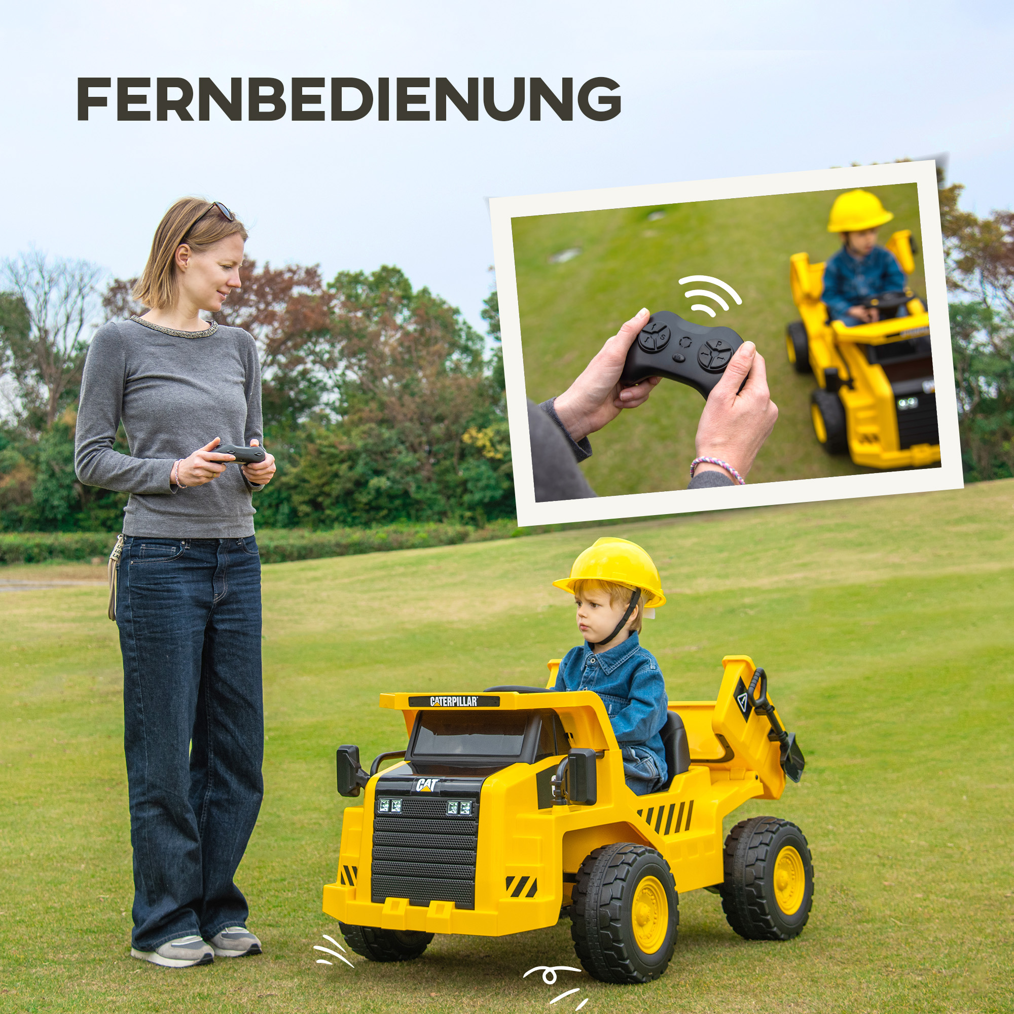 AIYAPLAY Elektrische Kindergraafmachine, Caterpillar Kipper, 3-5 km/u, met Afstandsbediening, 3-6 Jaar, Geel