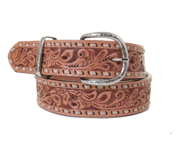 Double J Saddlery - Natural Tooled Buckstitched Belt