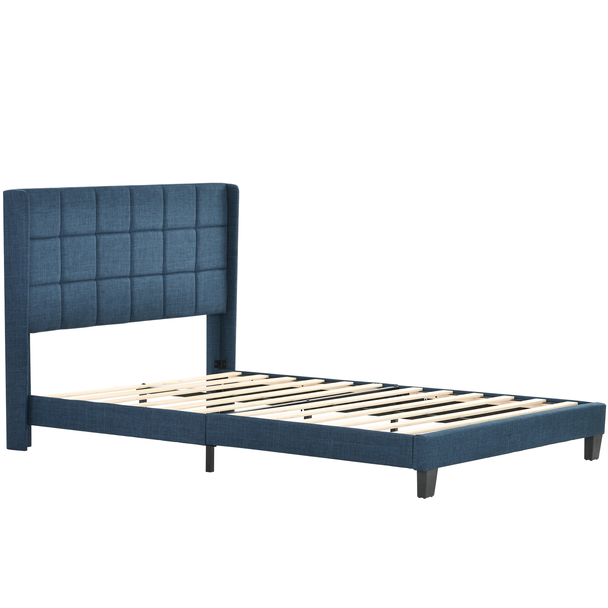Doppelbett mit gepolstertem Kopfteil und Lattenrost, Bezug in Leinenoptik, ohne Matratze, 140x200 cm, Blau