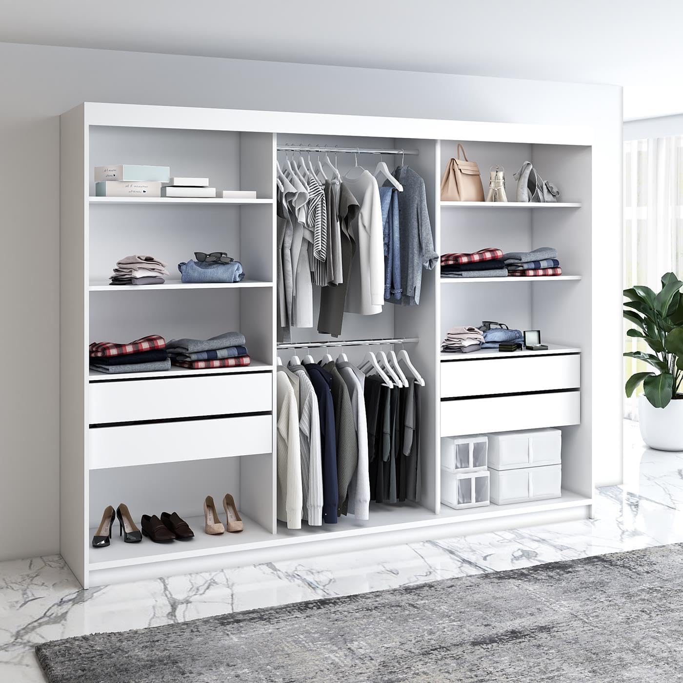 A&J MöbelLand Schwebetürenschrank VILUNO 4 Kleiderschrank 3-türig 200 cm mit Spiegel, 4 Schubladen & 2 Kleiderstangen, Geräumiger Schlafzimmerschrank (Weiß)