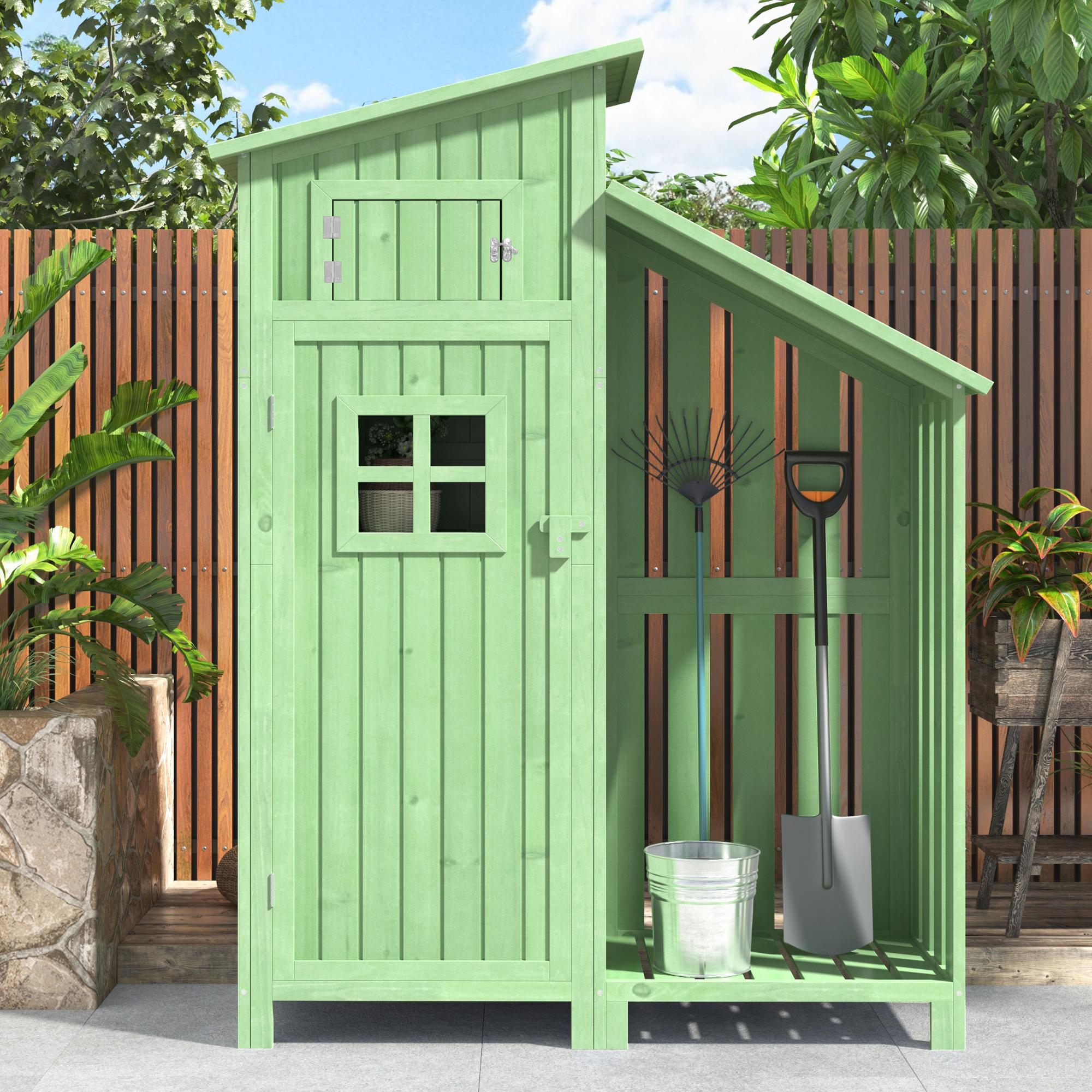 Gartenschrank 118x54x173 cm Holz mit 2 Regalen und großem Stauraum für Garten Geräte, Grün