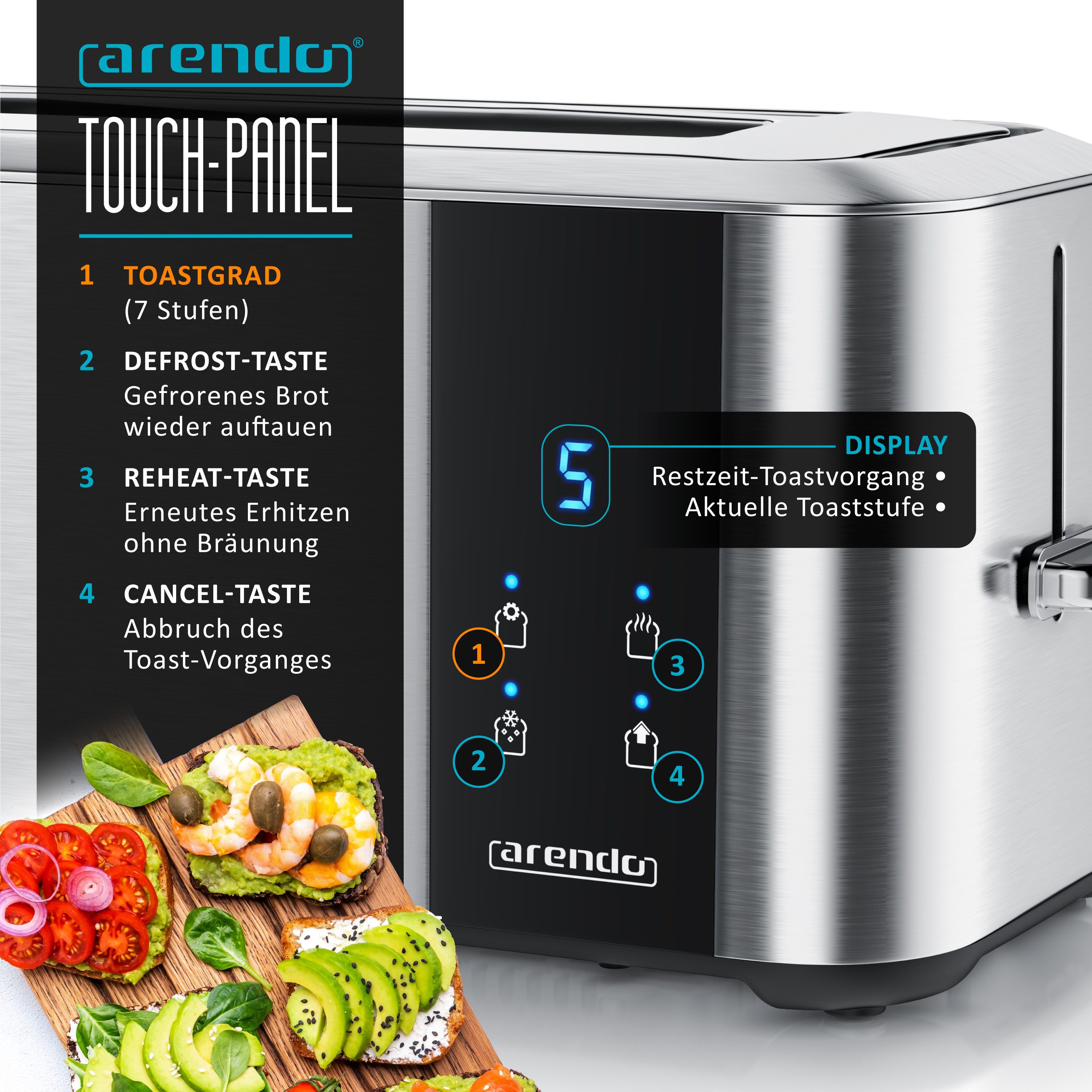 Toaster Langschlitz, Brötchenaufsatz, Wärmeisoliertes Gehäuse, Display, Touch