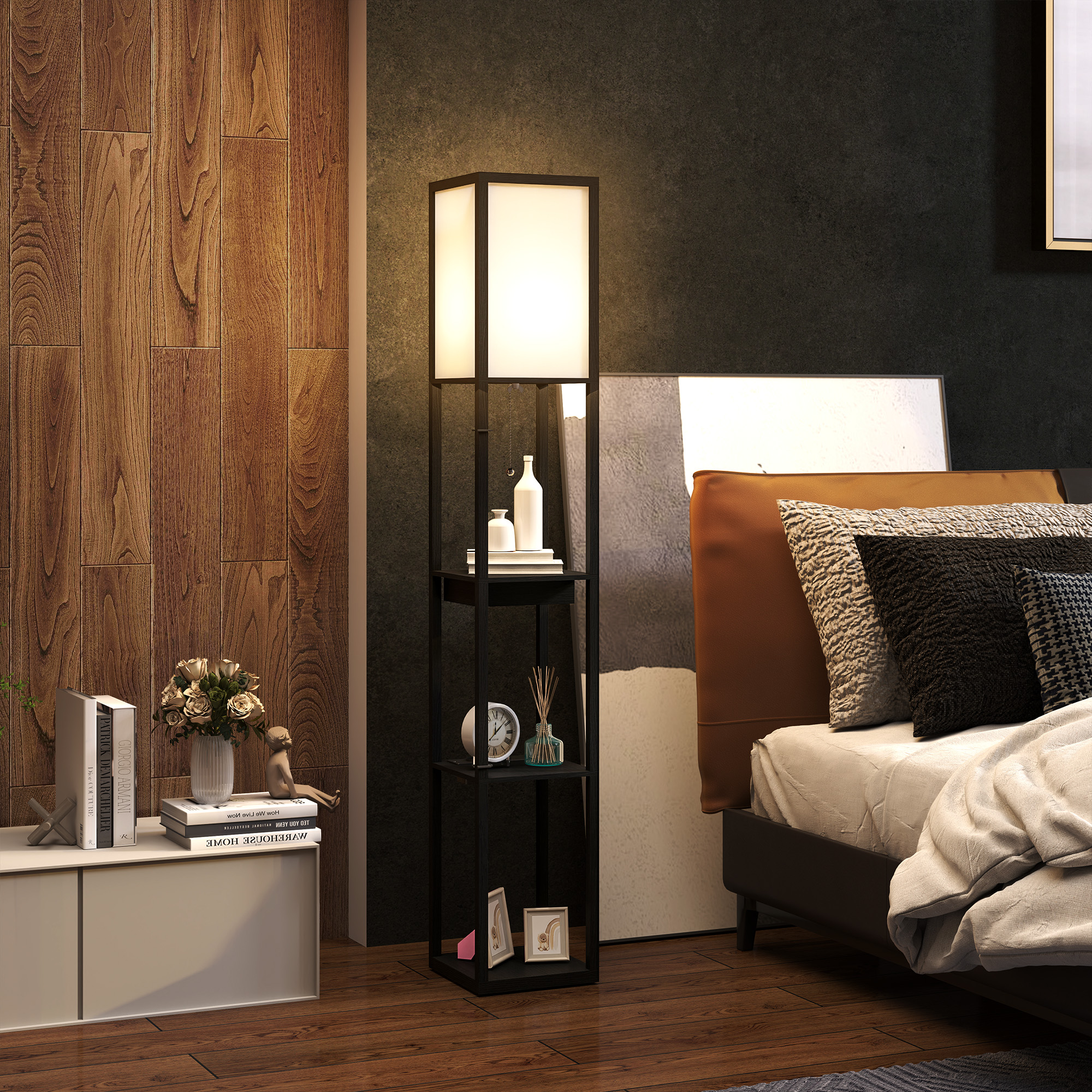 HOMCOM Stehlampe mit 3-stufigem Regal, Fußschalter, USB-Anschlüssen, MDF, Schwarz
