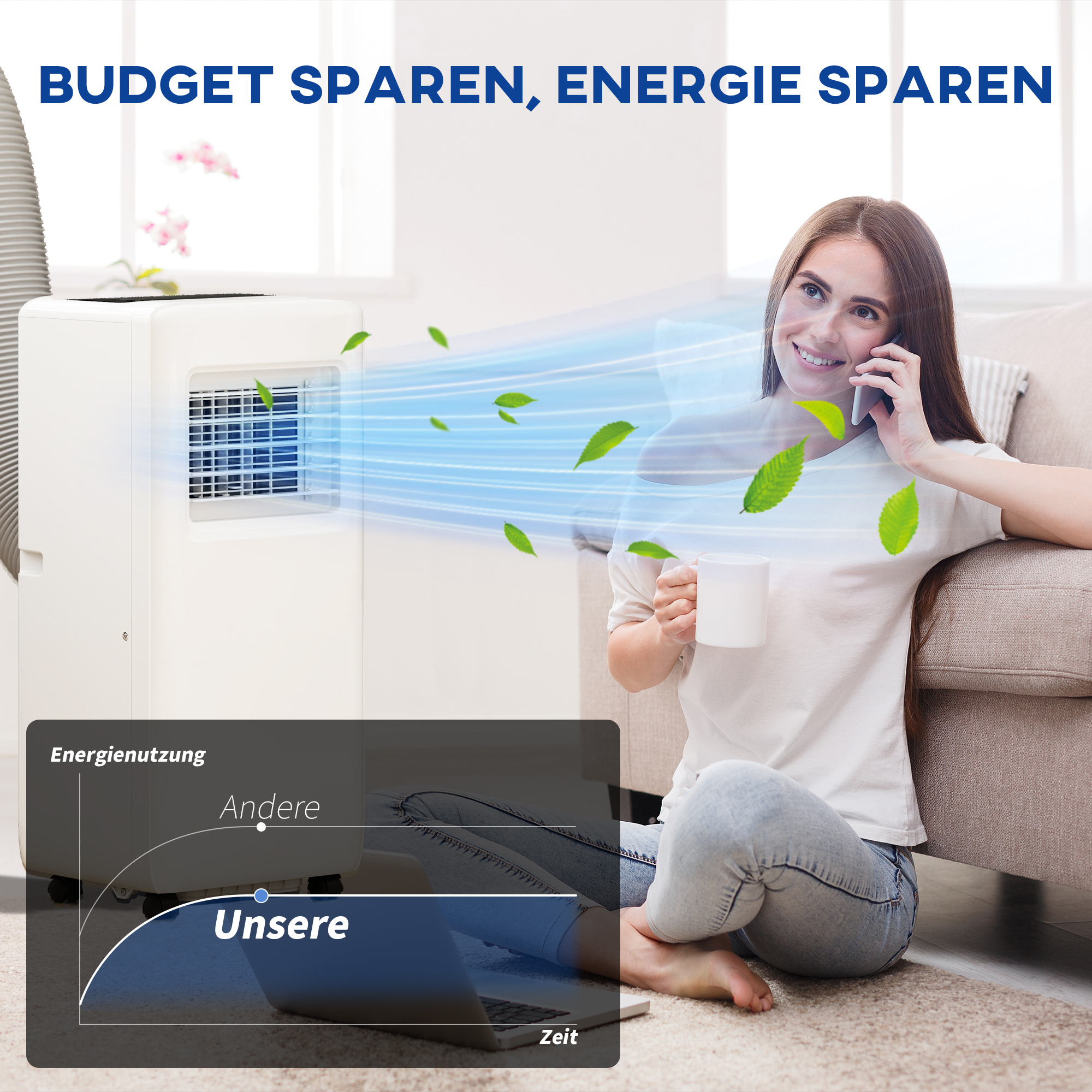 Draagbare Airconditioner met Meerdere Standen, LED-Display, Timer en Wielen, Wit